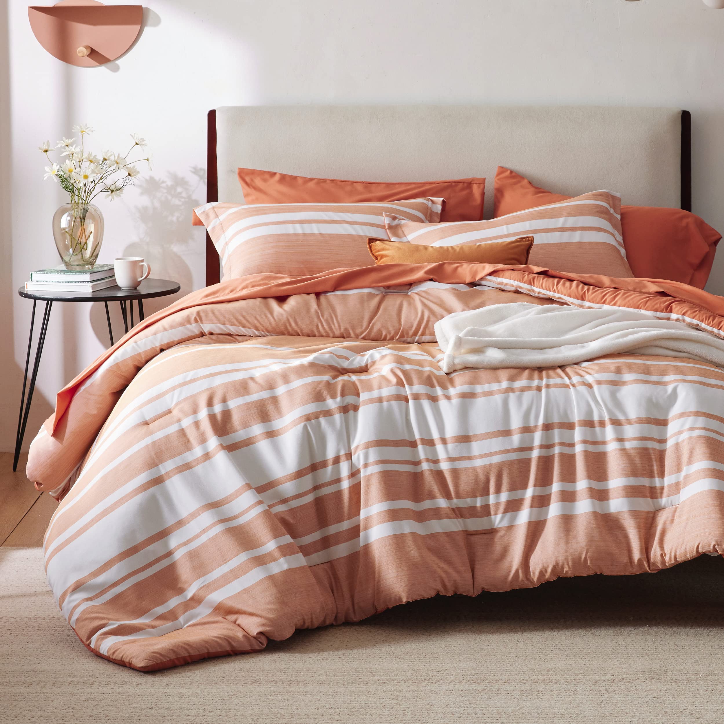 Bedsure California King Comforter Set 7 Pieces, Burnt Orange Striped Bedding Set For Cali King Size Bed Reversible, Cationic Dye