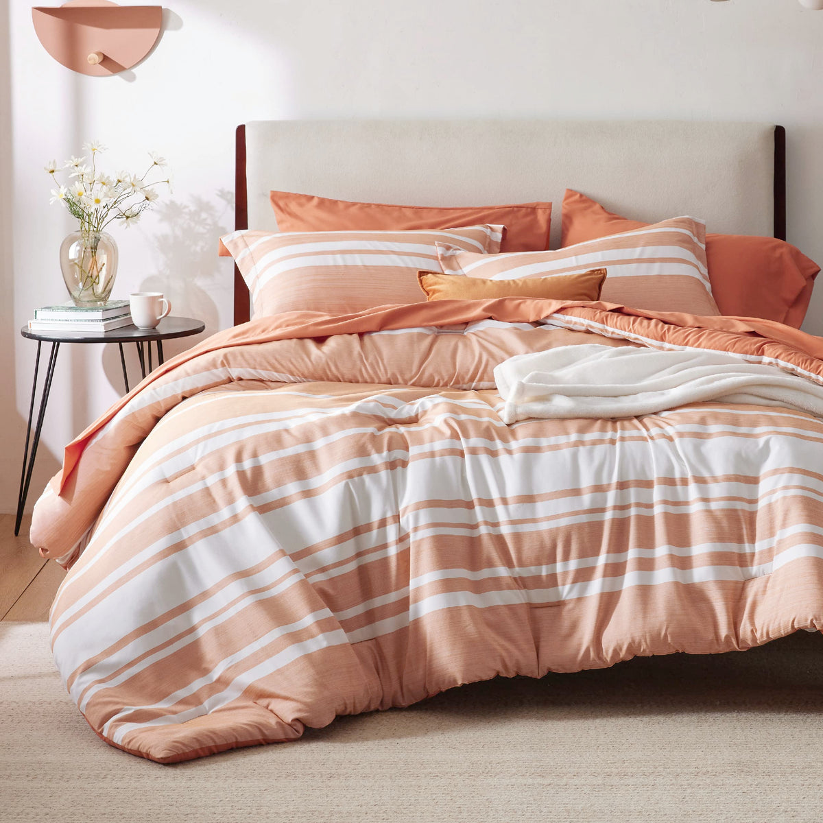 Bedsure Twin Comforter Set 5 Pieces, Burnt Orange Striped Bedding Set For Twin Size Bed Reversible, Cationic Dyeing Bed In A Bag