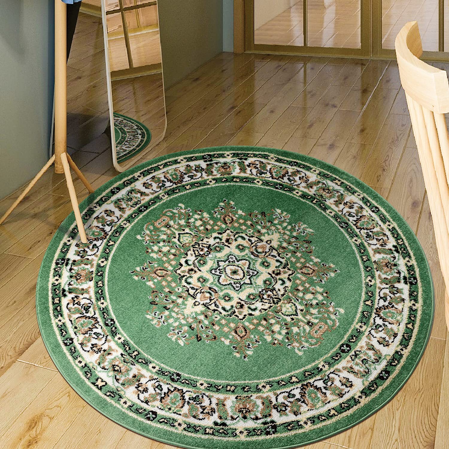 Antep Rugs Oriental 5x5 Traditional Medallion Indoor Round Area Rug Siesta (Green Beige, 53 Round)