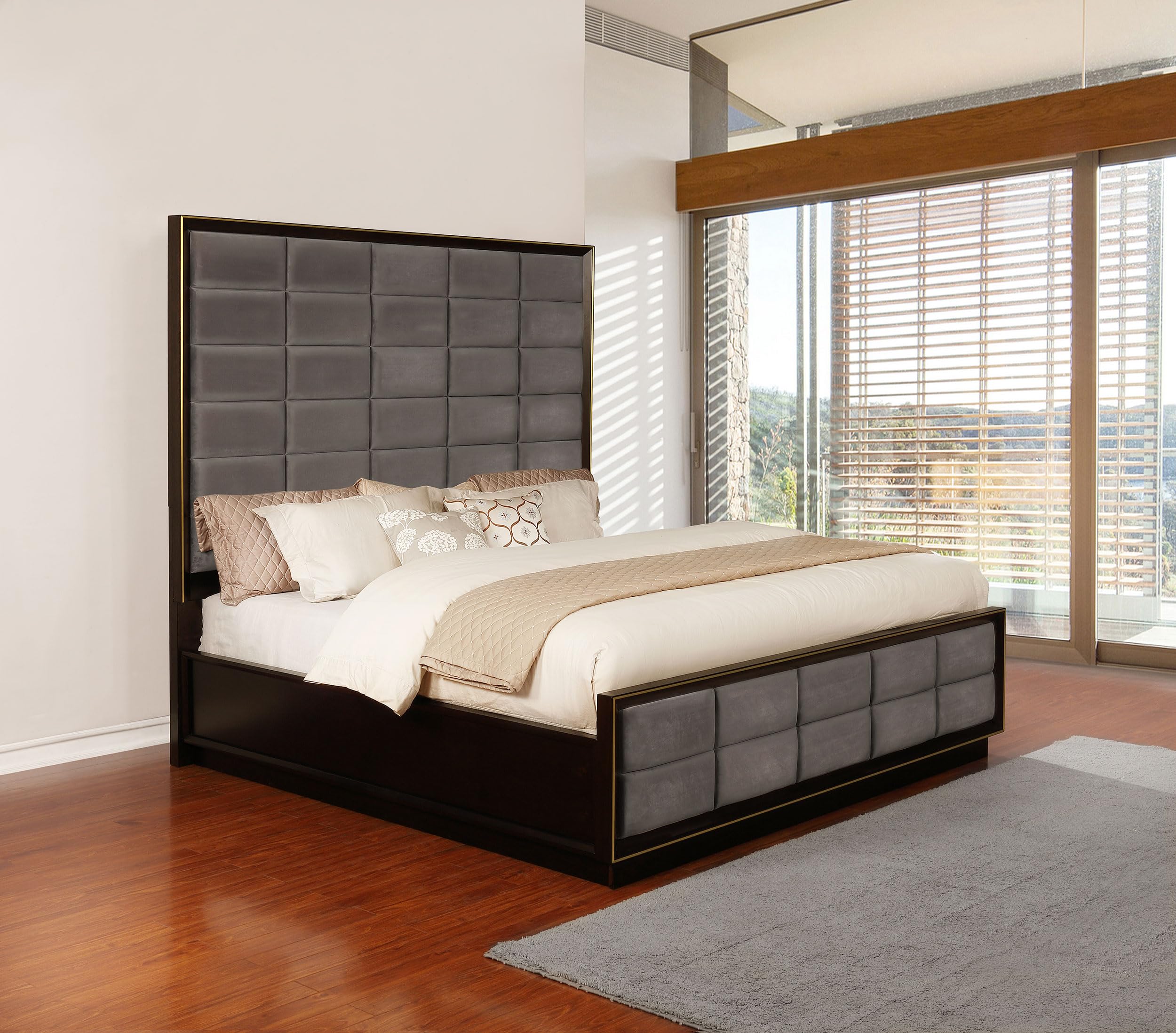 Coaster Home Furnishings Durango Contemporary Velvet Upholstered Eastern King Size Panel Bed Frame 80-inch Headboard Smoked Peppercorn 223261KE