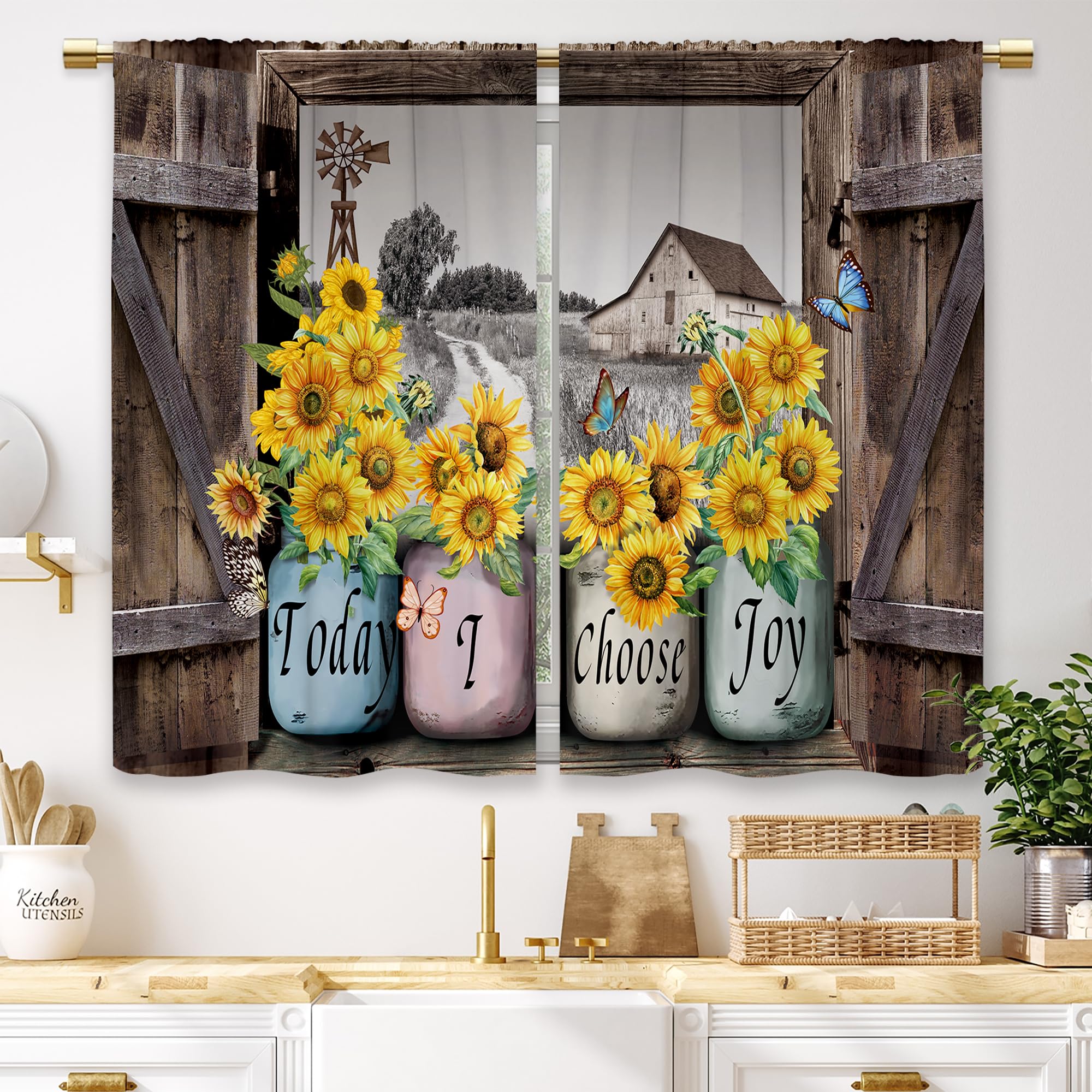 Laifzere Sunflower Vintage Farmhouse Kitchen Curtains Country Barn Door Small Short Cafe Window Curtains Wooden Butterfly Rod Po