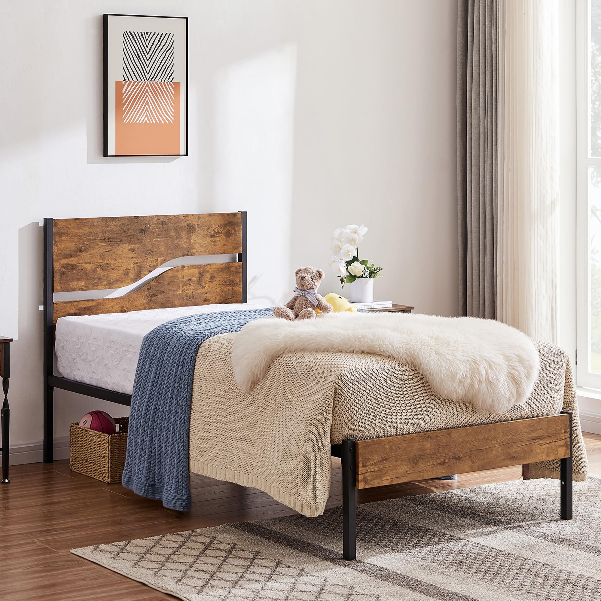 Vecelo Platform Bed Frame Twin Size With Rustic Vintage Wood Headboard, Strong Metal Slats Support, No Box Spring Needed