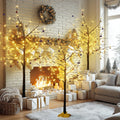 Lamerge Brown Lighted Birch Tree Set of 3, Christmas Decorations Birch Tree with Lights, Warm LED Cherry Blossom Light Tree for 