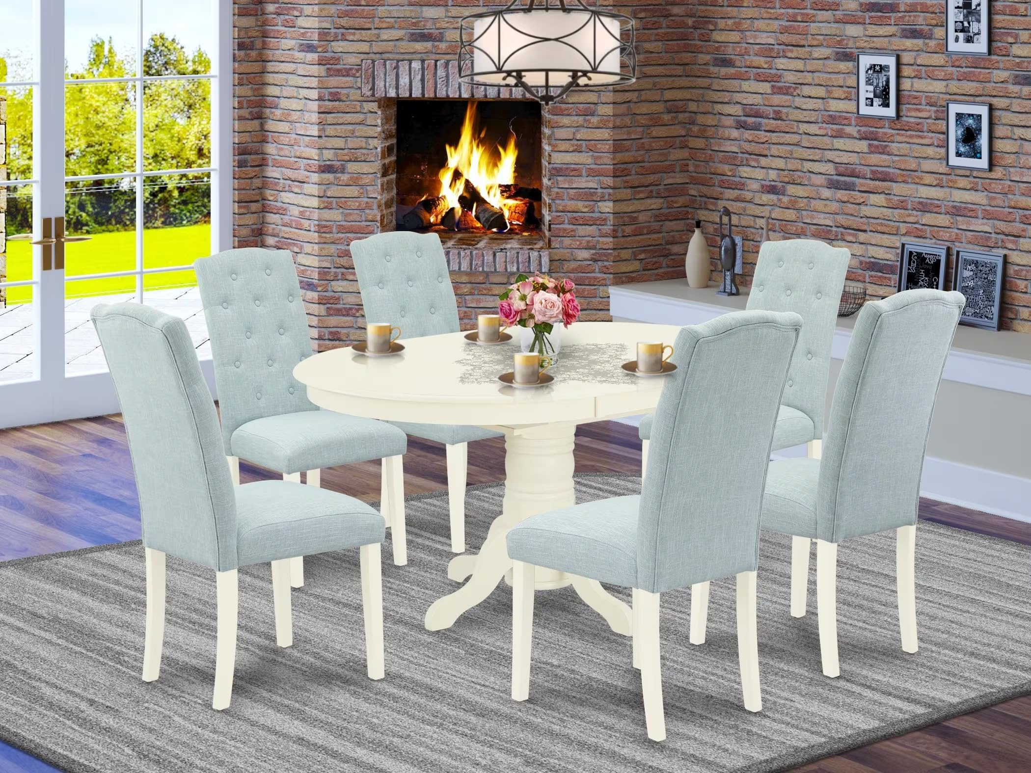 East West Furniture Avce7-Lwh-15 7 Piece Dinette Set Consist Of An Oval Dining Room Table With Butterfly Leaf And 6 Baby Blue Linen Fabric Upholstered Chairs, 42X60 Inch, Linen White
