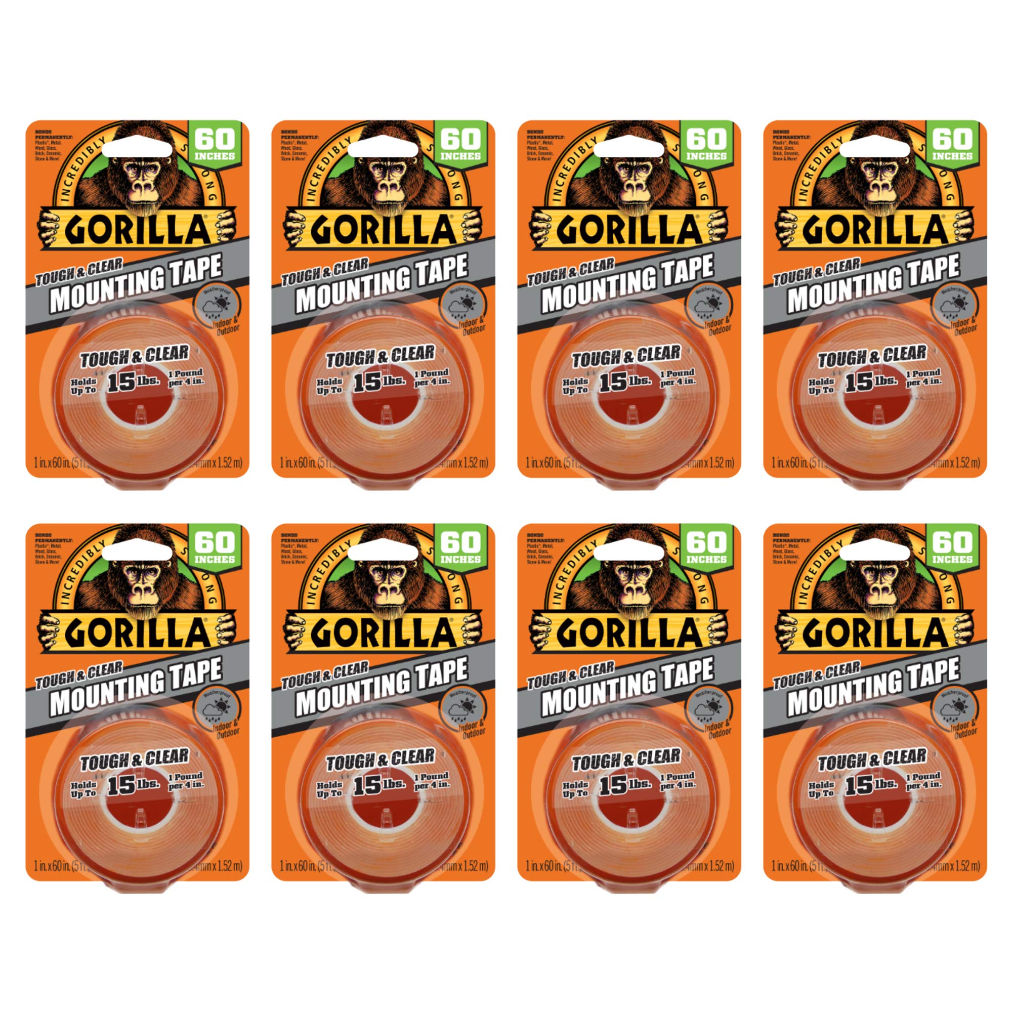 Gorilla 106107 Tough Mounting Tape, 8 Pack, Clear,Yellow, 6 Count