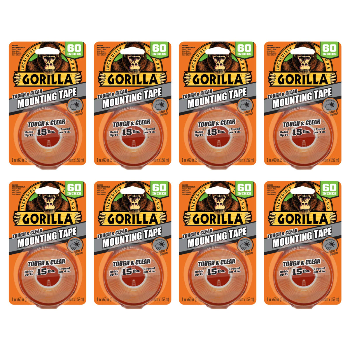 Gorilla 106107 Tough Mounting Tape, 8 Pack, Clear,Yellow, 6 Count