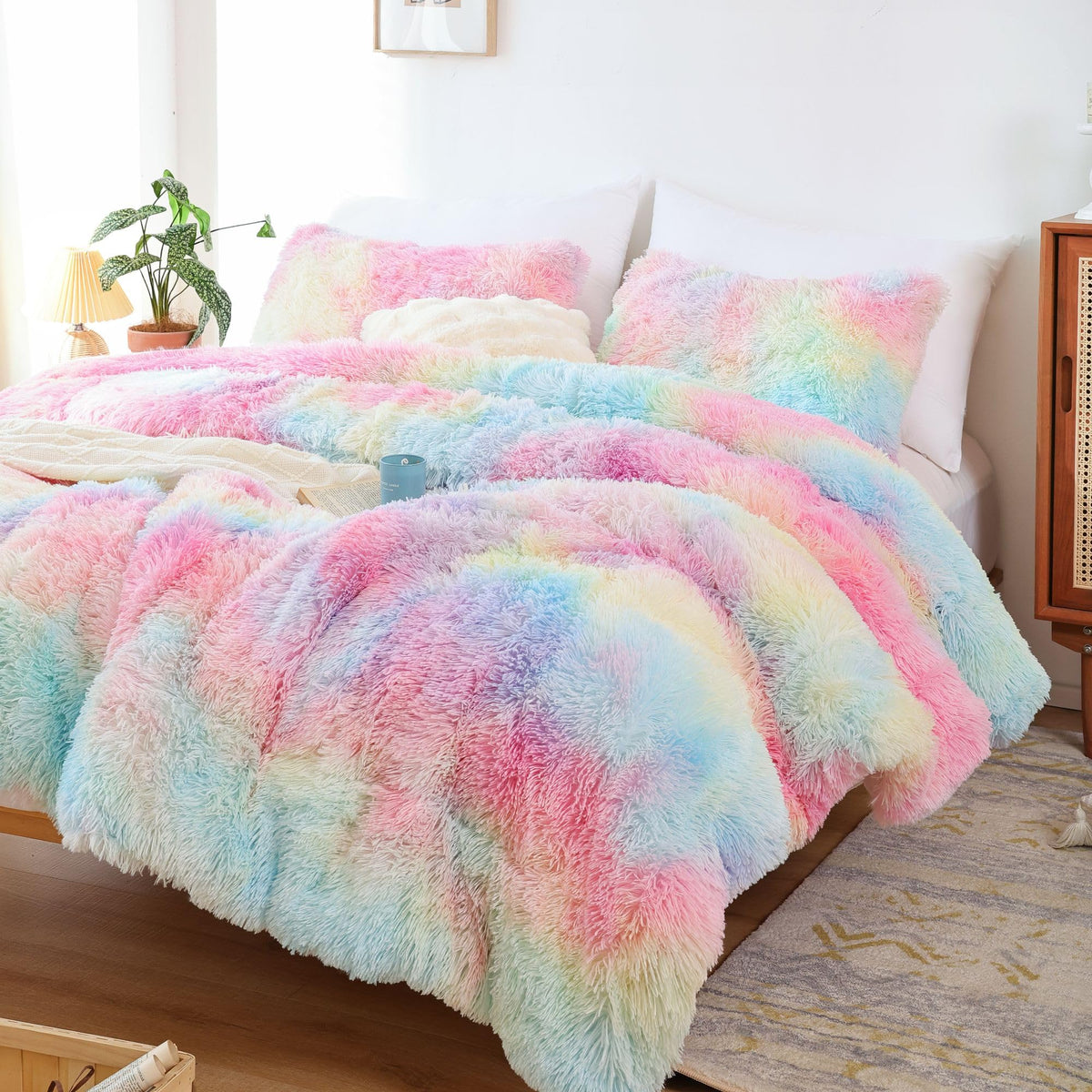Smoofy Faux Fur Plush Twin Comforter Set, Fluffy Fuzzy Plush Twin Bedding, Cute Soft Shaggy Velvet Double-Sided Bedding Set, 2Pc