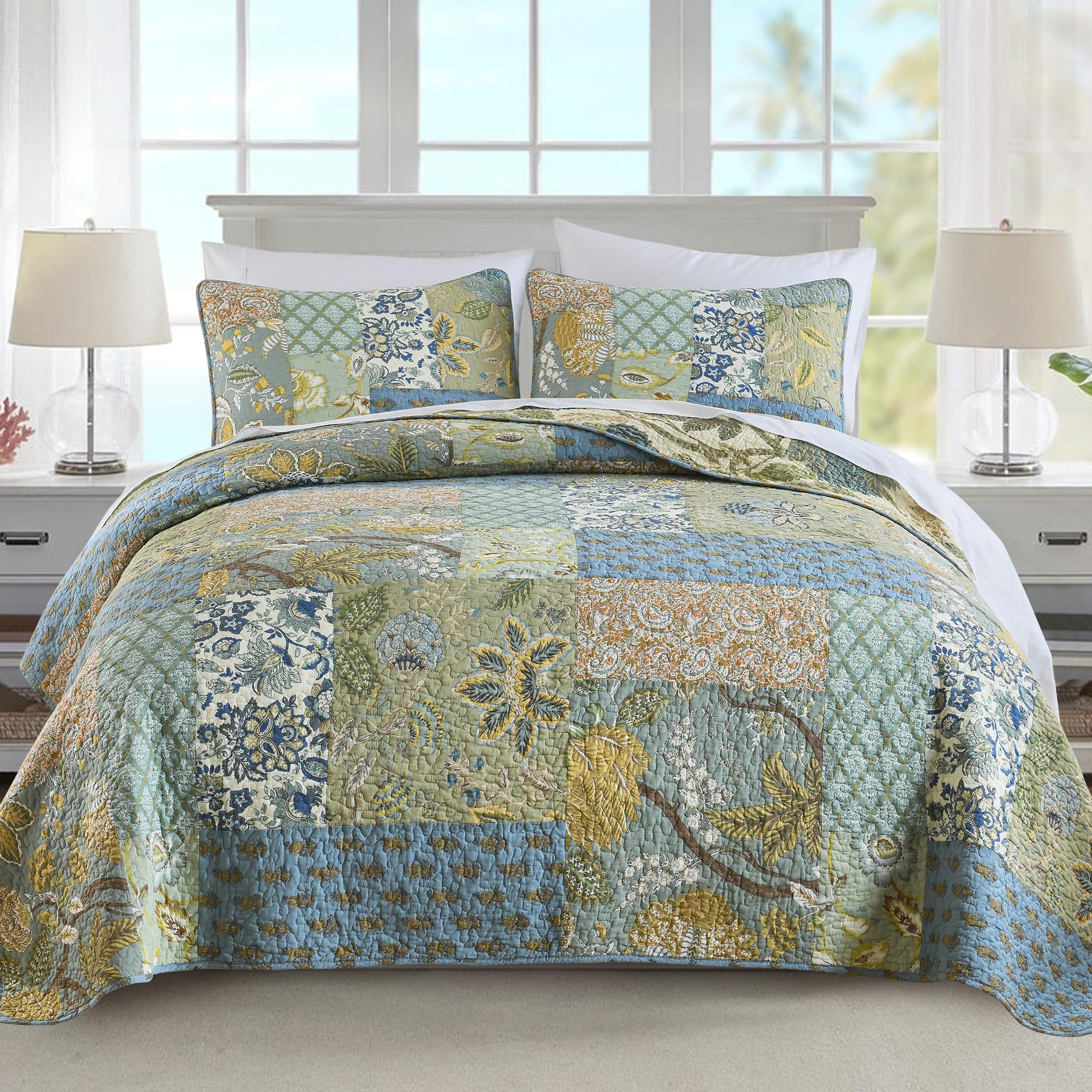 Newlake Quilt Set Twin Size, 100% Cotton Patchwork Green Bohemian Quilt Sets, Reversible Bedspread Lightweight And Breathable Fo