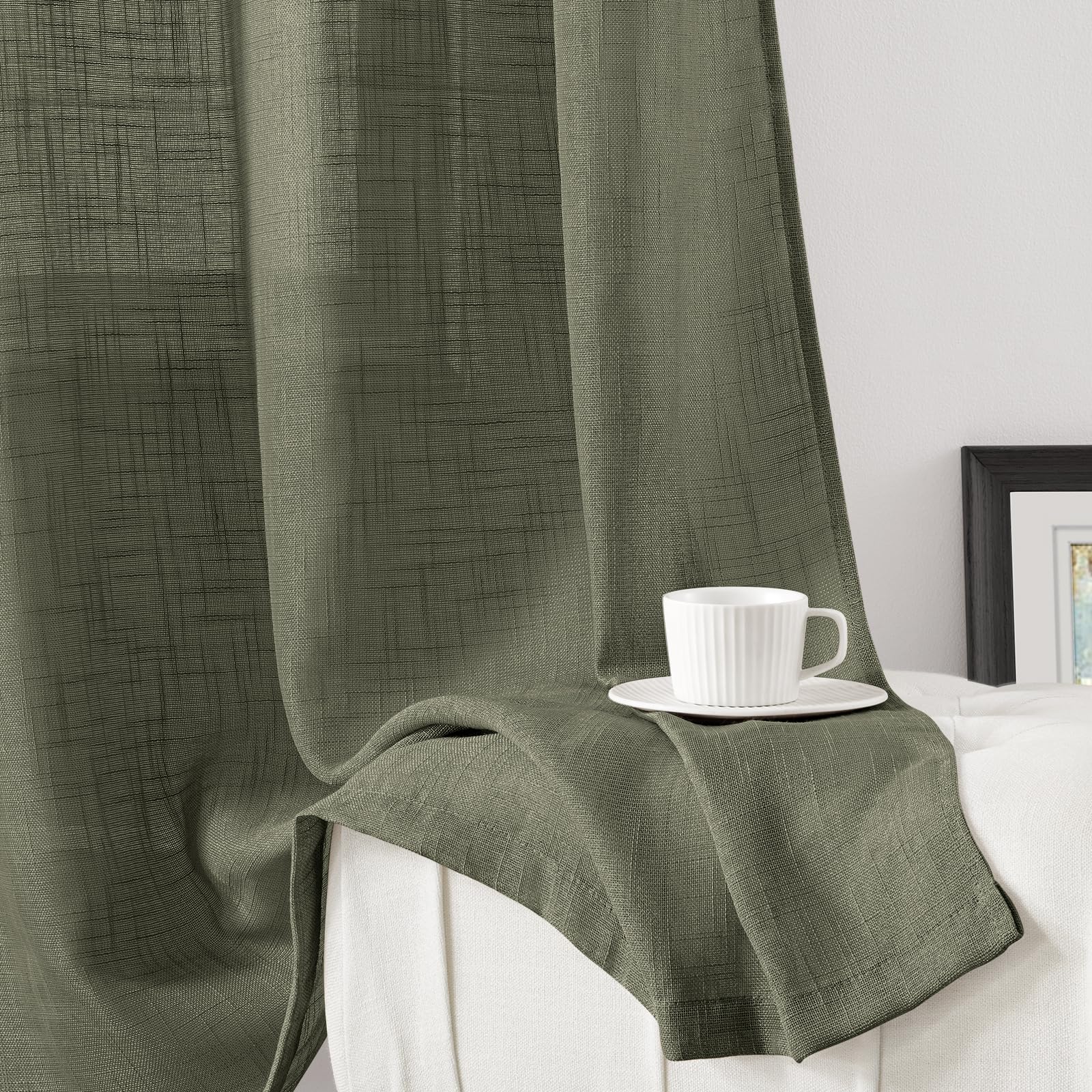 Homeideas Olive Green Linen Sheer Curtains 84 Inches Long 2 Panels Textured Semi Sheer Curtains Farmhouse Curtains Sheer Privacy