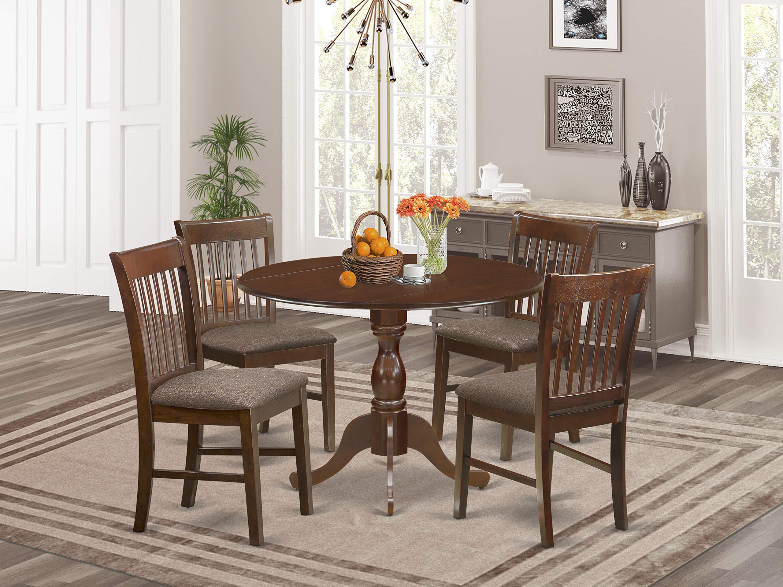 East West Furniture DMNF5-MAH-C 5 Piece Dining Set Includes a Round Dining Room Table with Dropleaf and 4 Linen Fabric Upholstered Kitchen Chairs, 42x42 Inch, Mahogany