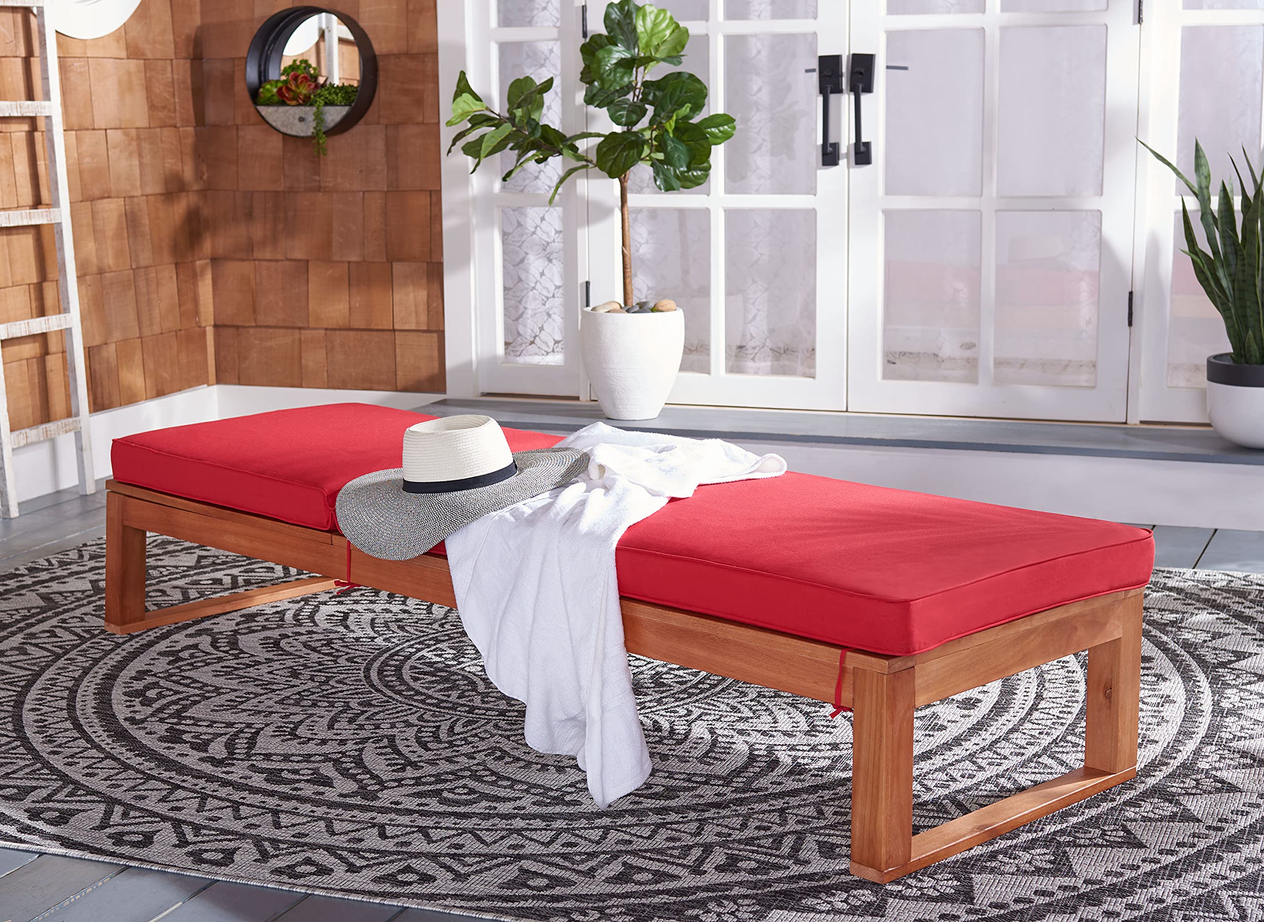 Safavieh Outdoor Collection Solano Natural Brown Solid Wood/Red Cushion Patio Adjustable Chaise Lounge Chair (Pat7024R)