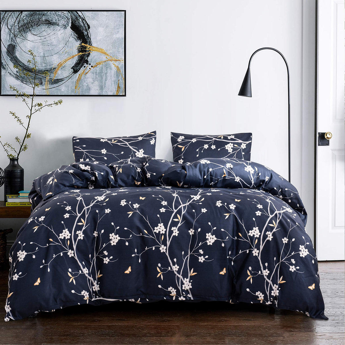 Getiann Floral Duvet Cover Set King Navy Blue Comforter Cover Set 104'X90' With 2 Pillow Shams Lightweight Plum Blossom Patter