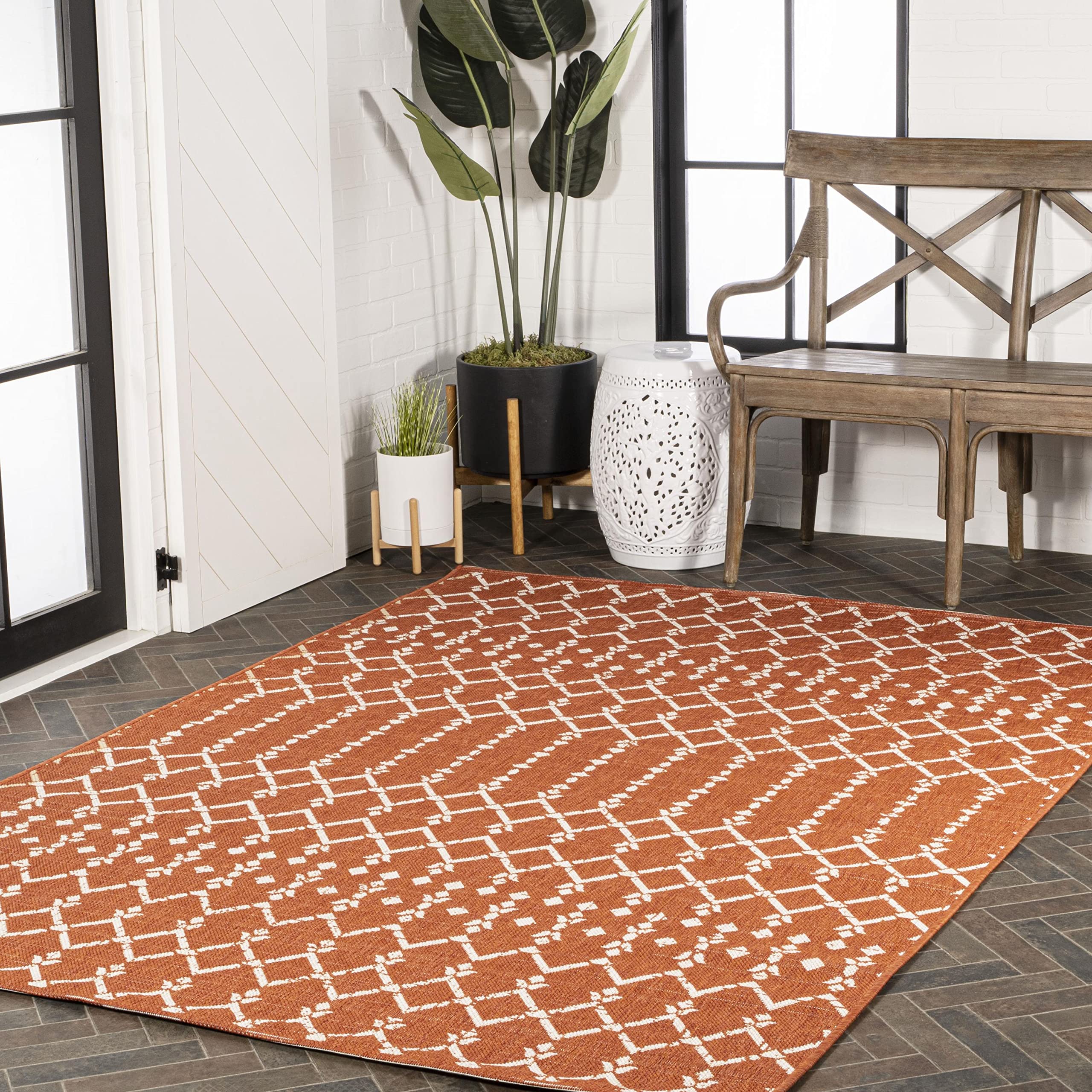 Jonathan Y Smb108P-8 Ourika Moroccan Geometric Textured Weave Indoor Outdoor Area-Rug, Bohemian Rustic Scandinavian Easy-Cleaning,Bedroom,Kitchen,Backyard,Patio,Non Shedding, 8 X 10, Orange/Cream