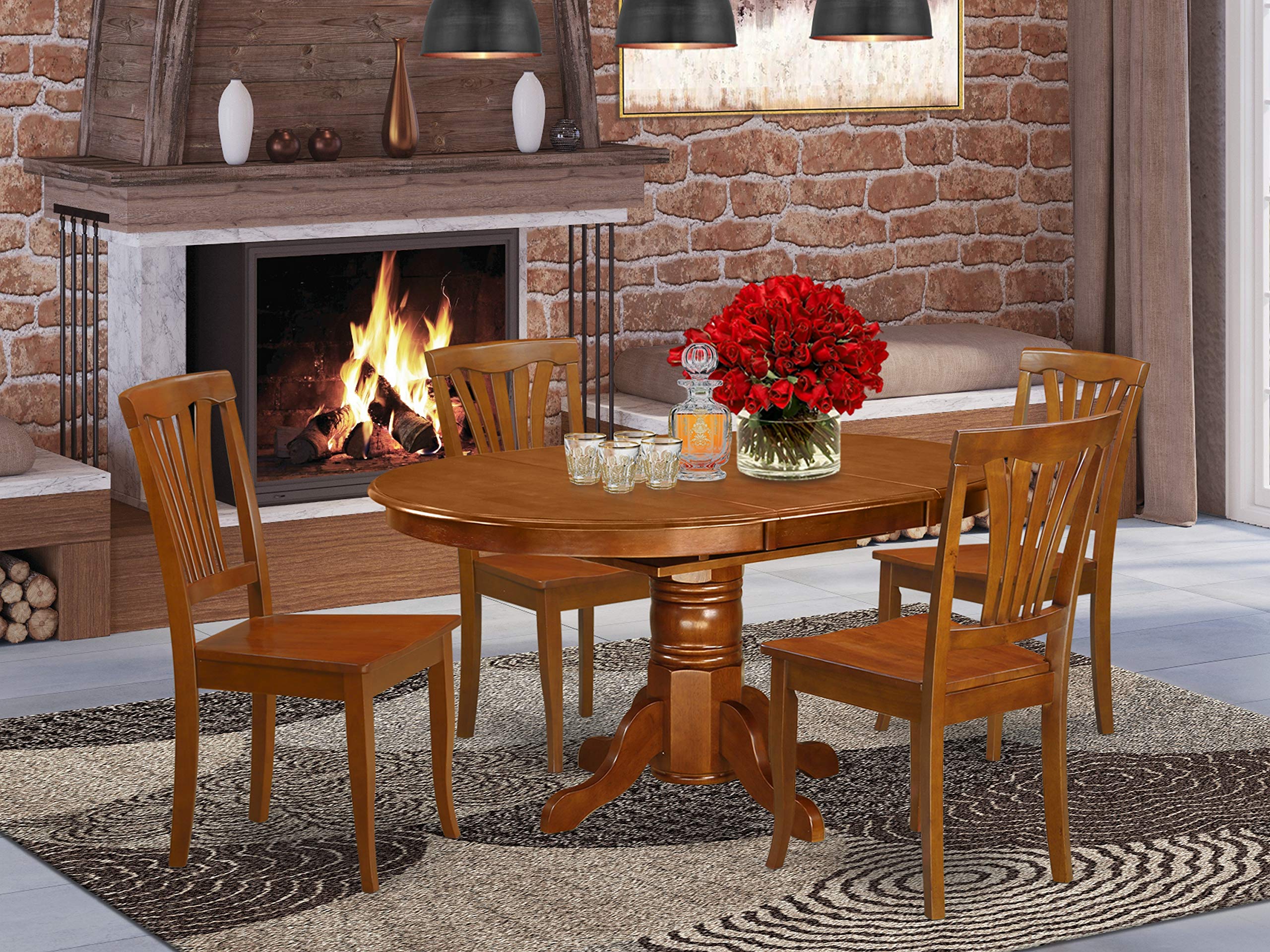 East West Furniture Avon 5 Piece Room Furniture Set Includes an Oval Kitchen Table with Butterfly Leaf and 4 Dining Chairs, 42x60 Inch, Saddle Brown