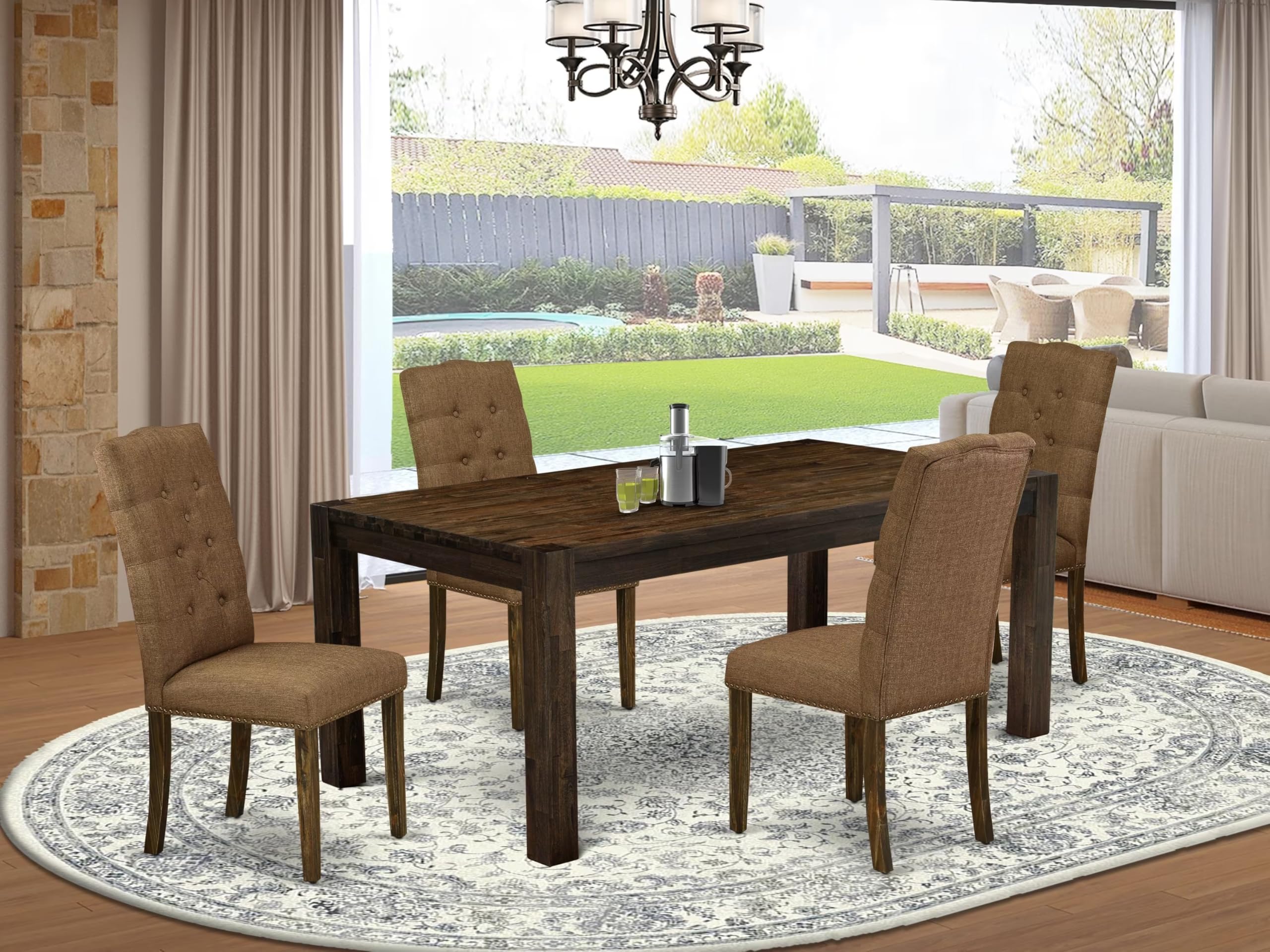 East West Furniture Lmel5-77-18 5 Piece Dining Table Set For 4 Includes A Rectangle Rustic Wood Dinner Table And 4 Brown Linen Linen Fabric Upholstered Chairs, 40X72 Inch, Jacobean