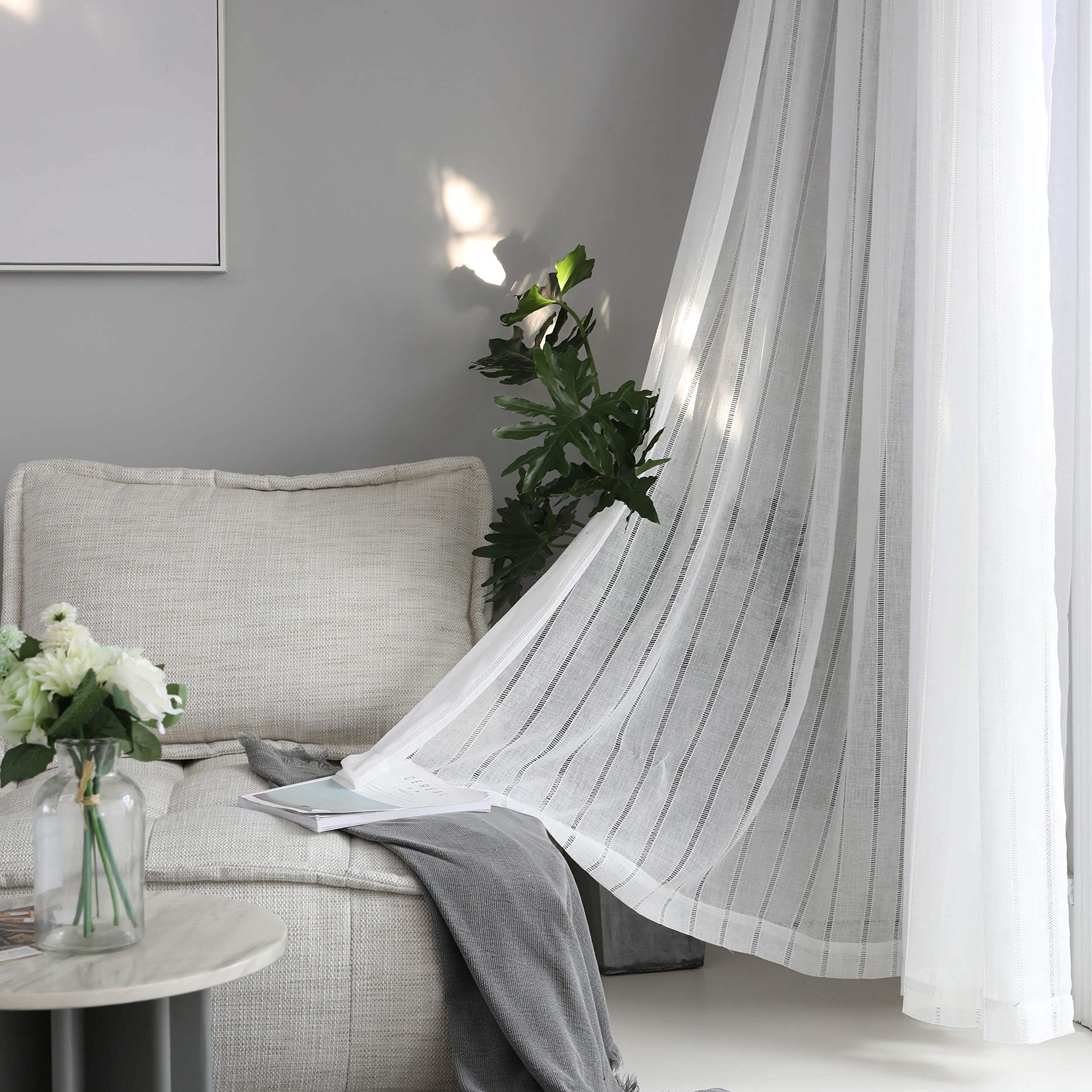 Home Brilliant White Curtains Semi Sheer Curtain Panels Stripes Window Treatments For Bedroom Living Room, 2 Panels, 54 X 72 Inc