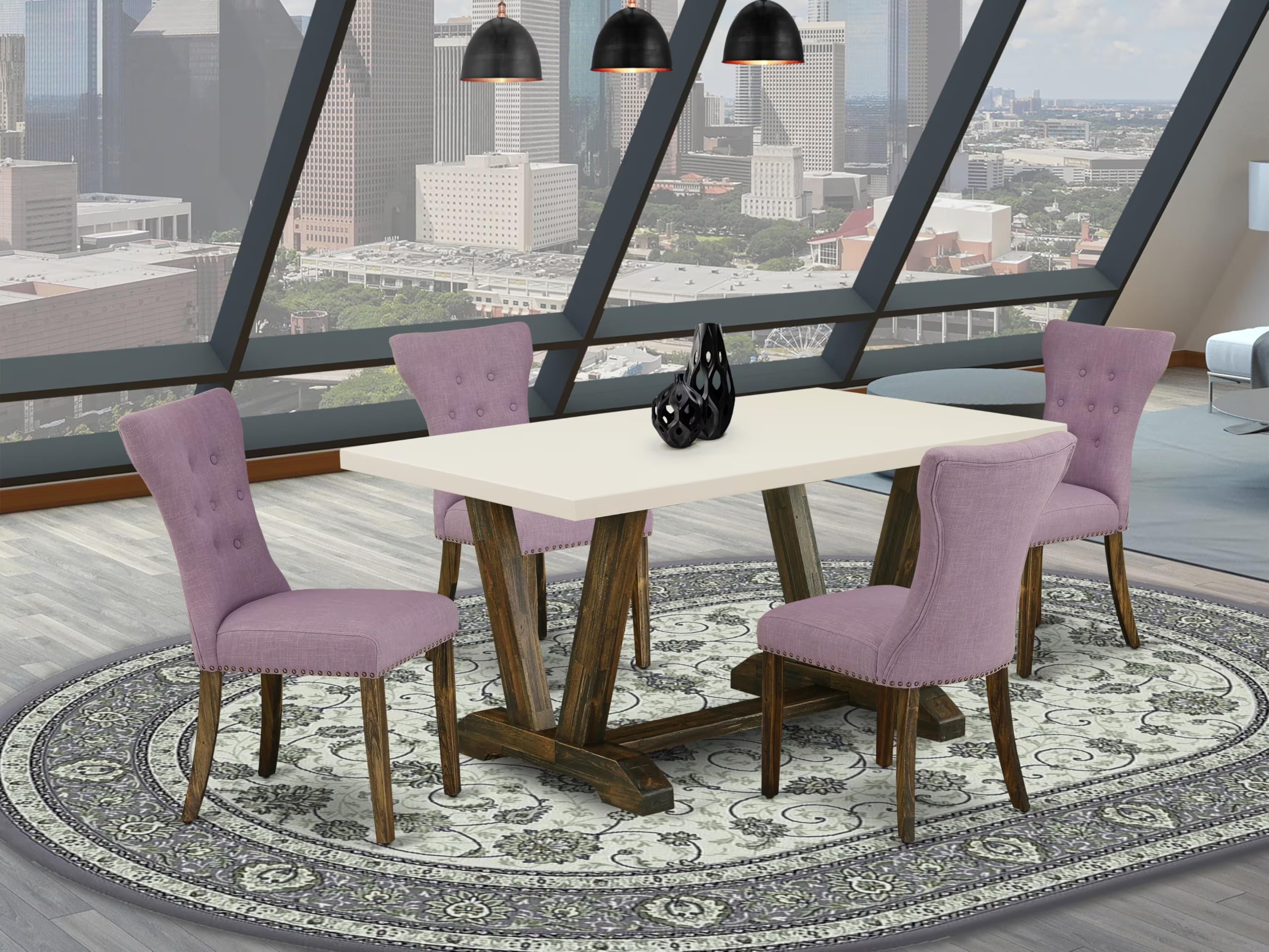 East West Furniture V726Ga740-5 5 Piece Modern Dining Table Set Includes A Rectangle Wooden Table With V-Legs And 4 Dahlia Linen Fabric Upholstered Parson Chairs, 36X60 Inch, Multi-Color