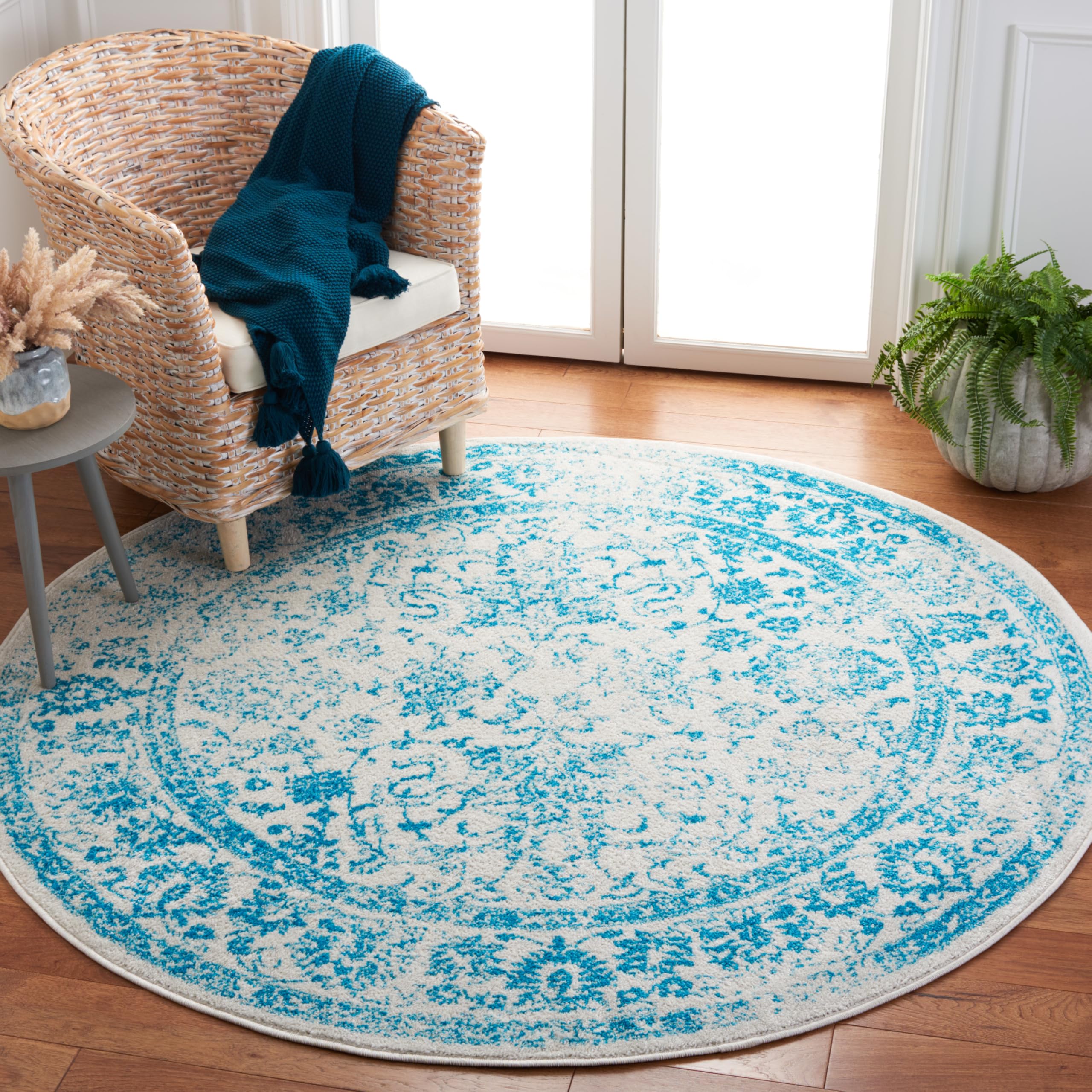 SAFAVIEH Adirondack Collection 6 Round Ivory / Teal ADR109D Oriental Distressed Non-Shedding Dining Room Entryway Foyer Living 