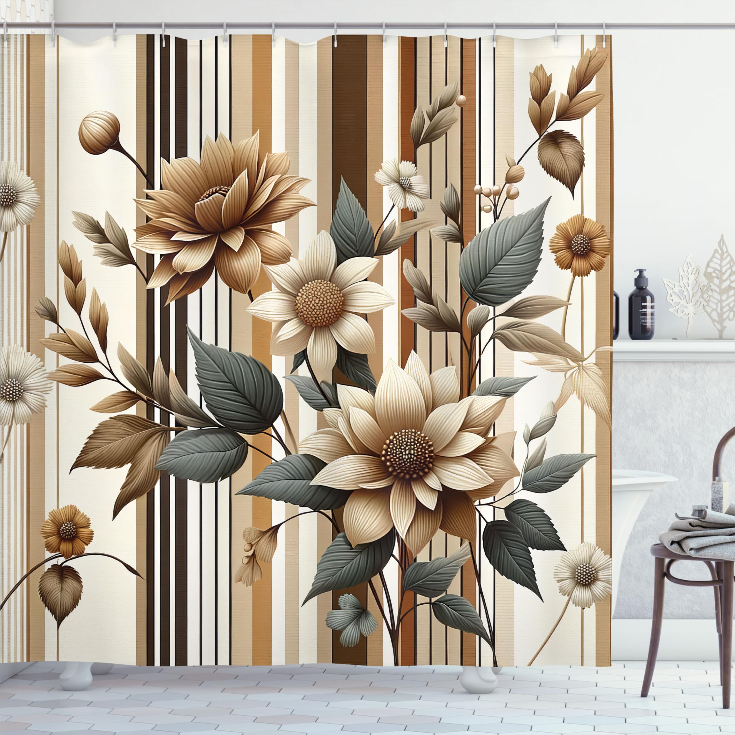 Ambesonne Tan Shower Curtain, Vintage Boho Cottagecore Monochromatic Flowers On A Striped Background, Cloth Fabric Bathroom Deco