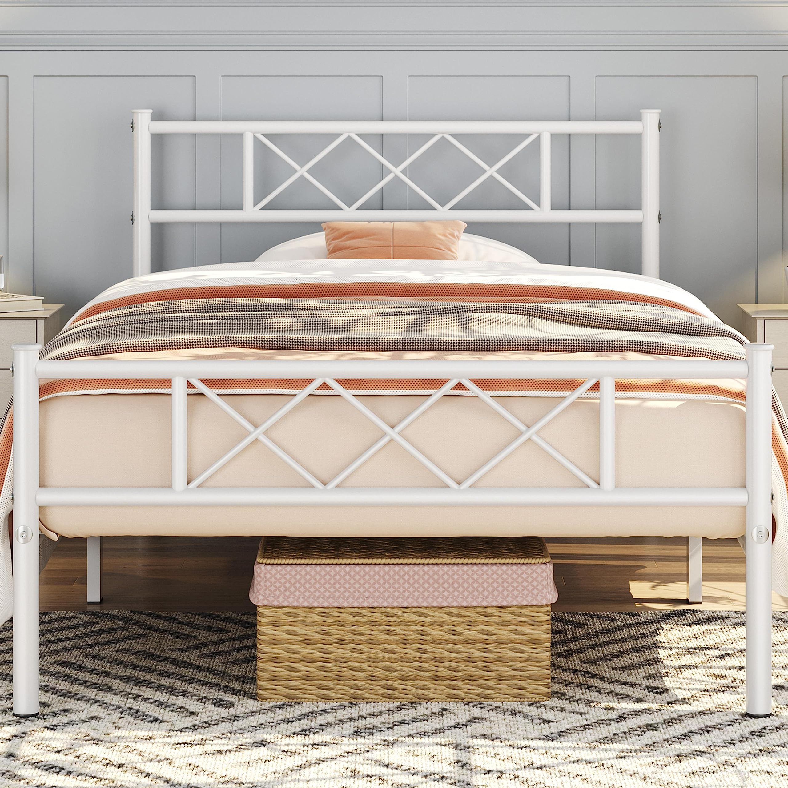 Yaheetech Metal Bed Frame Platform With Headboard And Footboard Mattress Foundation No Box Spring Needed Under Bed Storage Strong Slat Support Twin Size White