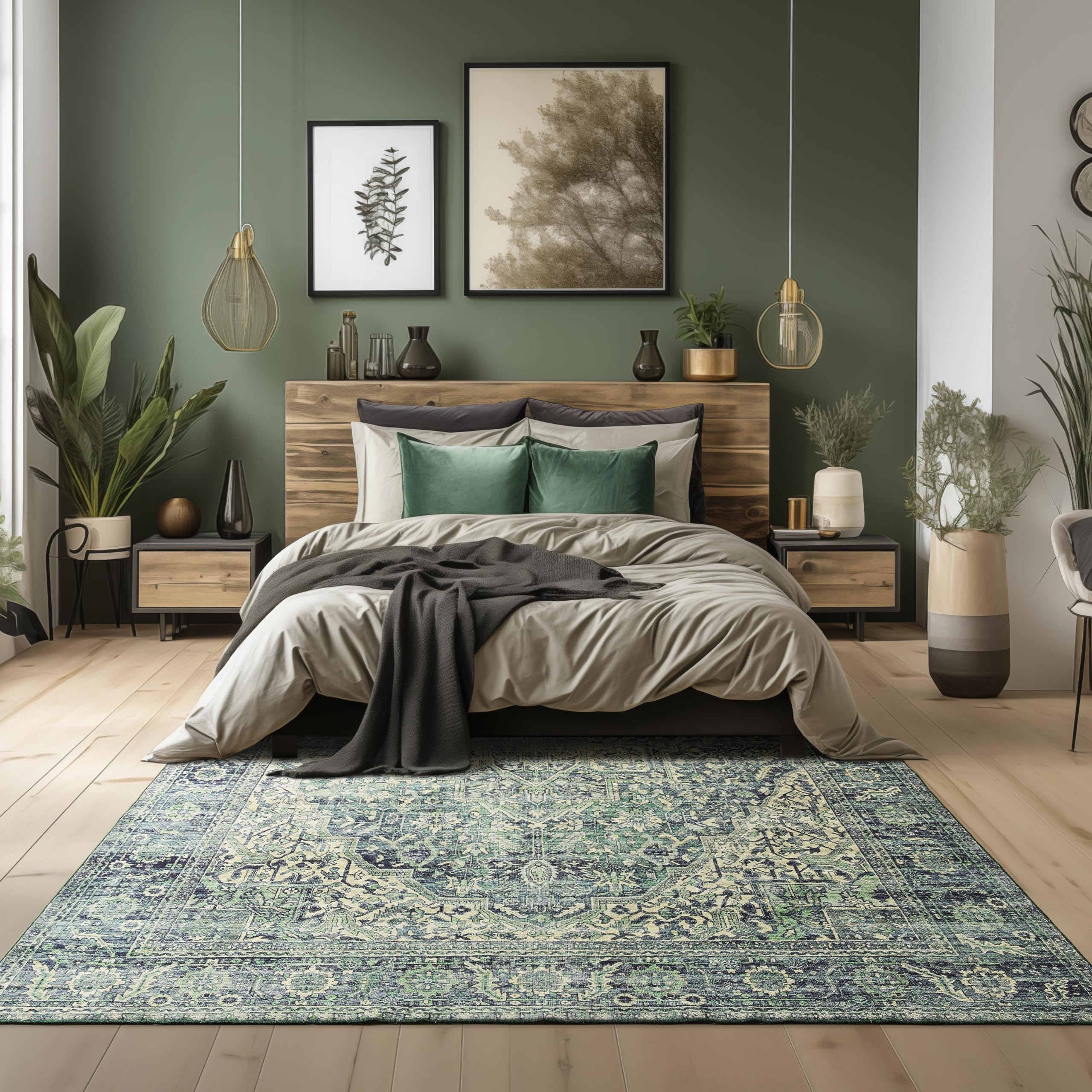 Bileehome Dark Emerald Green Rug For Living Room,Vintage Floral Waterproof Non Slip Cool Area Rugs For Men Office Hardwood Floor