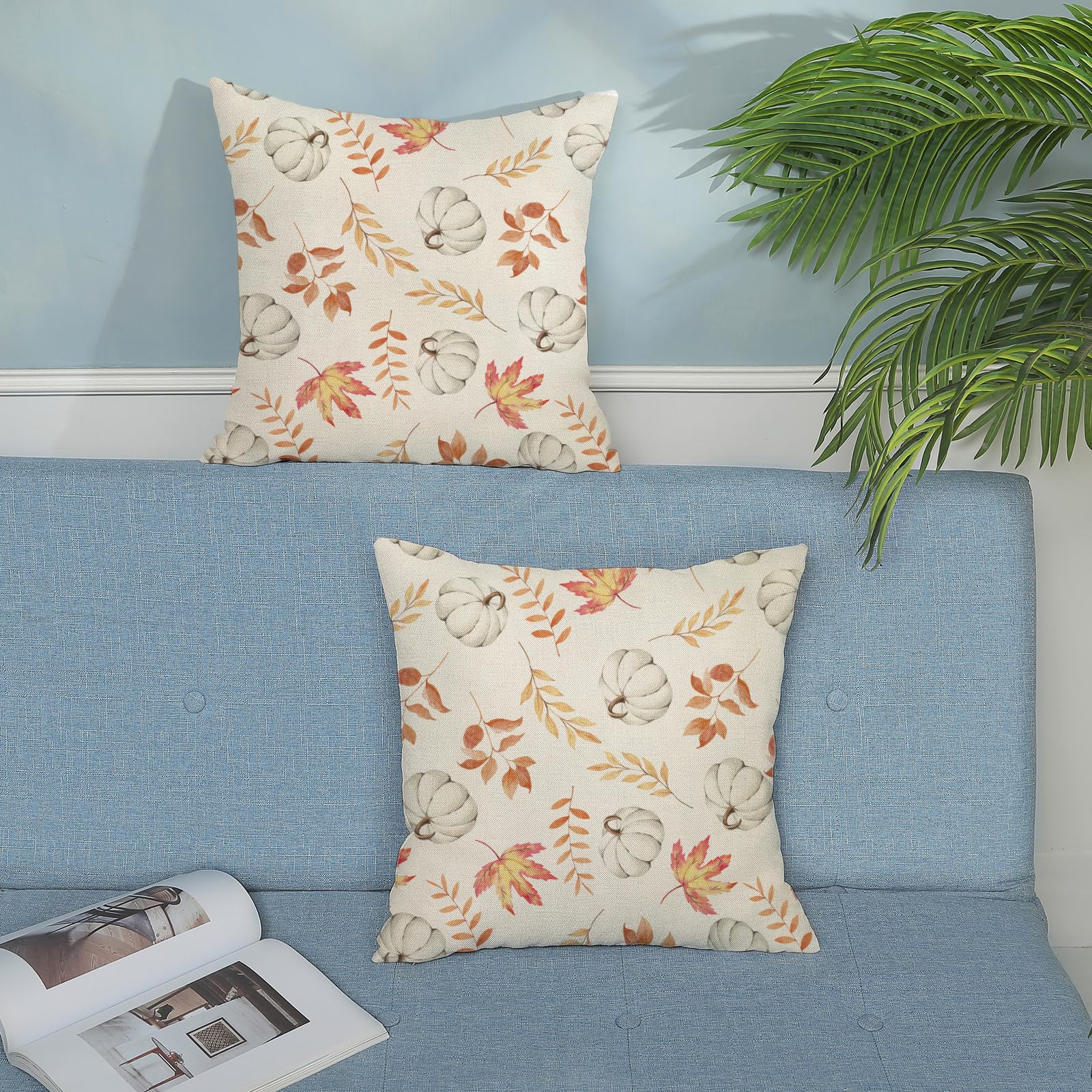Fall Pillow Covers 18X18 Set Of 2 Pumpkin And Maple Leaf Fall Decor Pillowcase Linen Autumn Thanksgiving Decorative Outdoor Thro