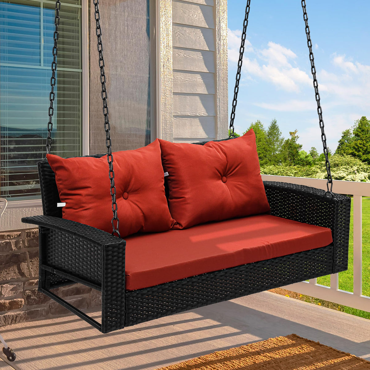 Yitahome 2-Seats Wicker Hanging Porch Swing Chair Outdoor Black Rattan Patio Swing Lounge W/ 2 Back Cushions Capacity 530Lbs For Garden, Balcony, Living Room, Red