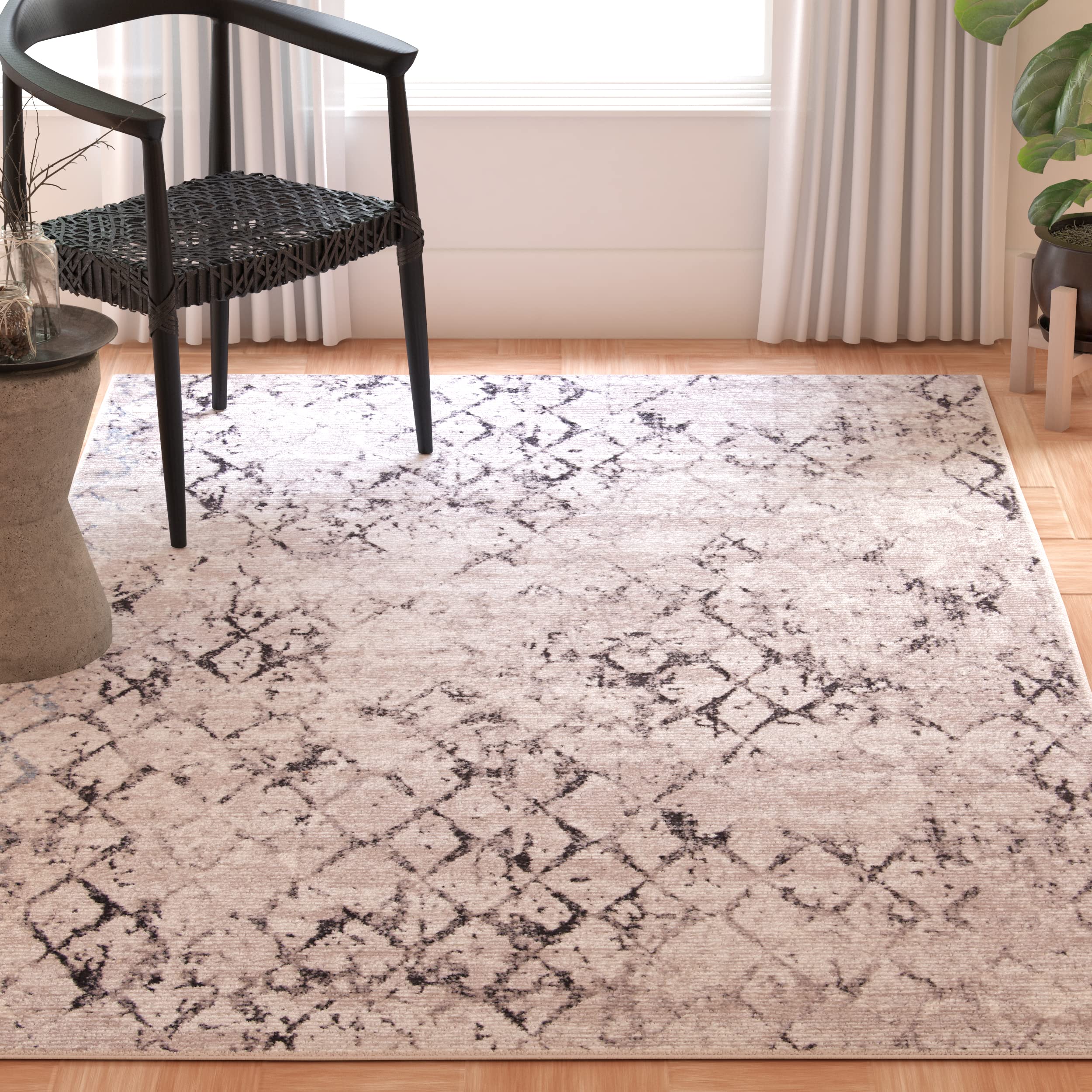 SAFAVIEH Amelia Collection Accent Rug - 4 x 6, Grey & Light Grey, Modern Trellis Distressed Design, Non-Shedding & Easy Care, 