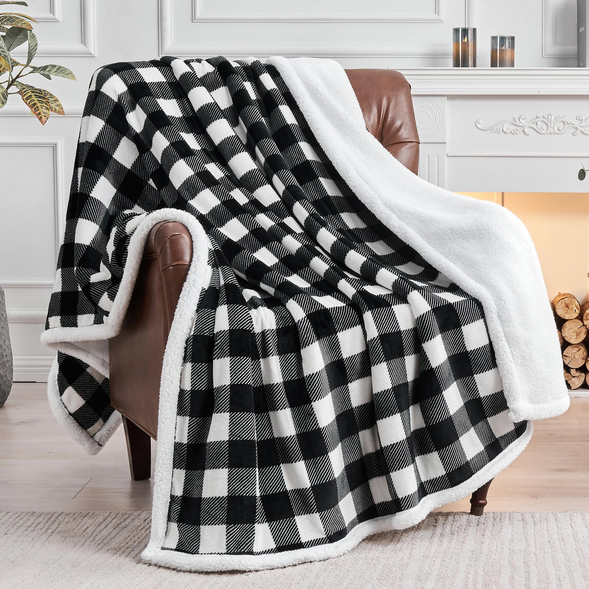 Bedelite Sherpa Fleece Blanket - Black And White Buffalo Plaid Christmas Blanket, Super Soft Cozy Warm Thick Winter Throw Blanke