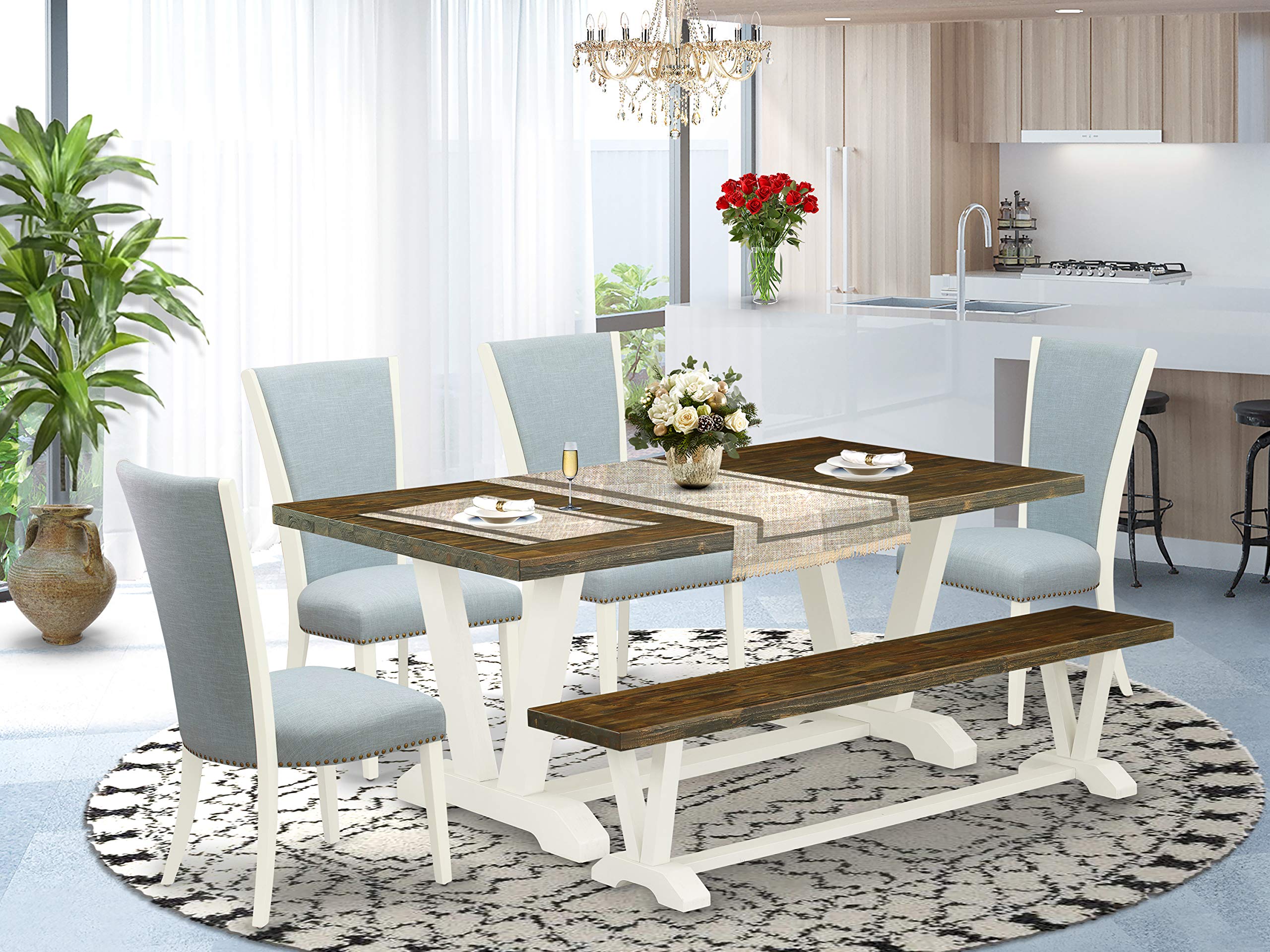 East West Furniture V-Style 6 Piece Dining Set Contains a Rectangle Kitchen Table with V-Legs and 4 Baby Blue Linen Fabric Parson Chairs with a Bench, 40x72 Inch, Multi-Color