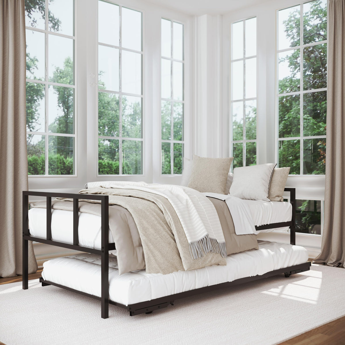 Milliard Twin Daybed And Fold- Up Trundle Set, Daybed With Pop Up Trundle, Black Frame - Mattresses Sold Separately