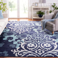 SAFAVIEH Adirondack Collection Area Rug - 8 x 10, Navy & Aqua, Floral Glam Damask Distressed Design, Non-Shedding & Easy Care,