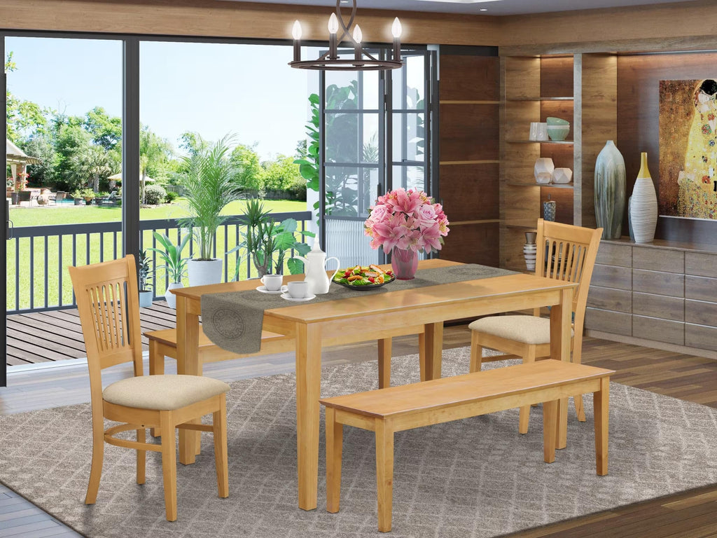 East West Furniture CAVA5C-OAK-C 5 Piece Dining Table Set for 4 Includes a Rectangle Kitchen Table and 2 Linen Fabric Dining Chairs with 2 Benches, 36x60 Inch, Oak