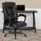 Flash Furniture Oma High Back Black LeatherSoft Layered Upholstered Executive Swivel Ergonomic Office Chair with Smoke Metal Base and Arms
