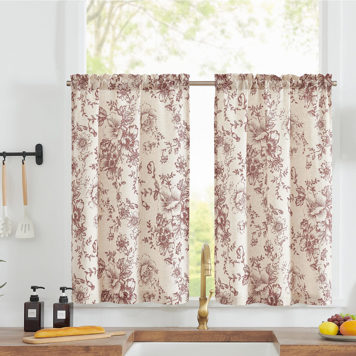 Jinchan Floral Kitchen Curtains Linen Tier Curtains Brick Red Flower On Beige Cafe Curtains 24 Inch Length Living Room Bedroom B