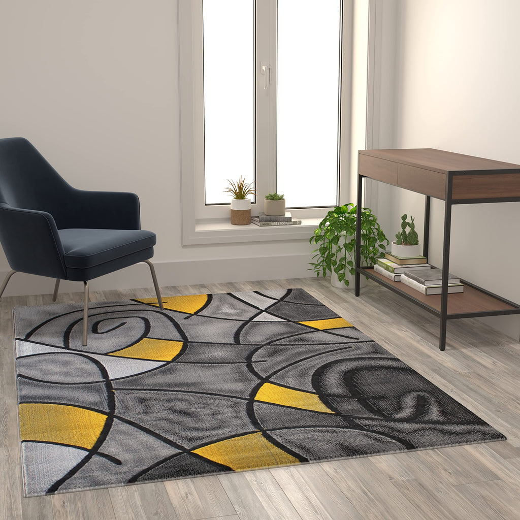 Flash Furniture Jubilee Collection Abstract Area Rug - Colorfast Yellow Olefin Rug - 5' X 7' Area Rug - Jute Backing - Living Room, Bedroom, & Family Room