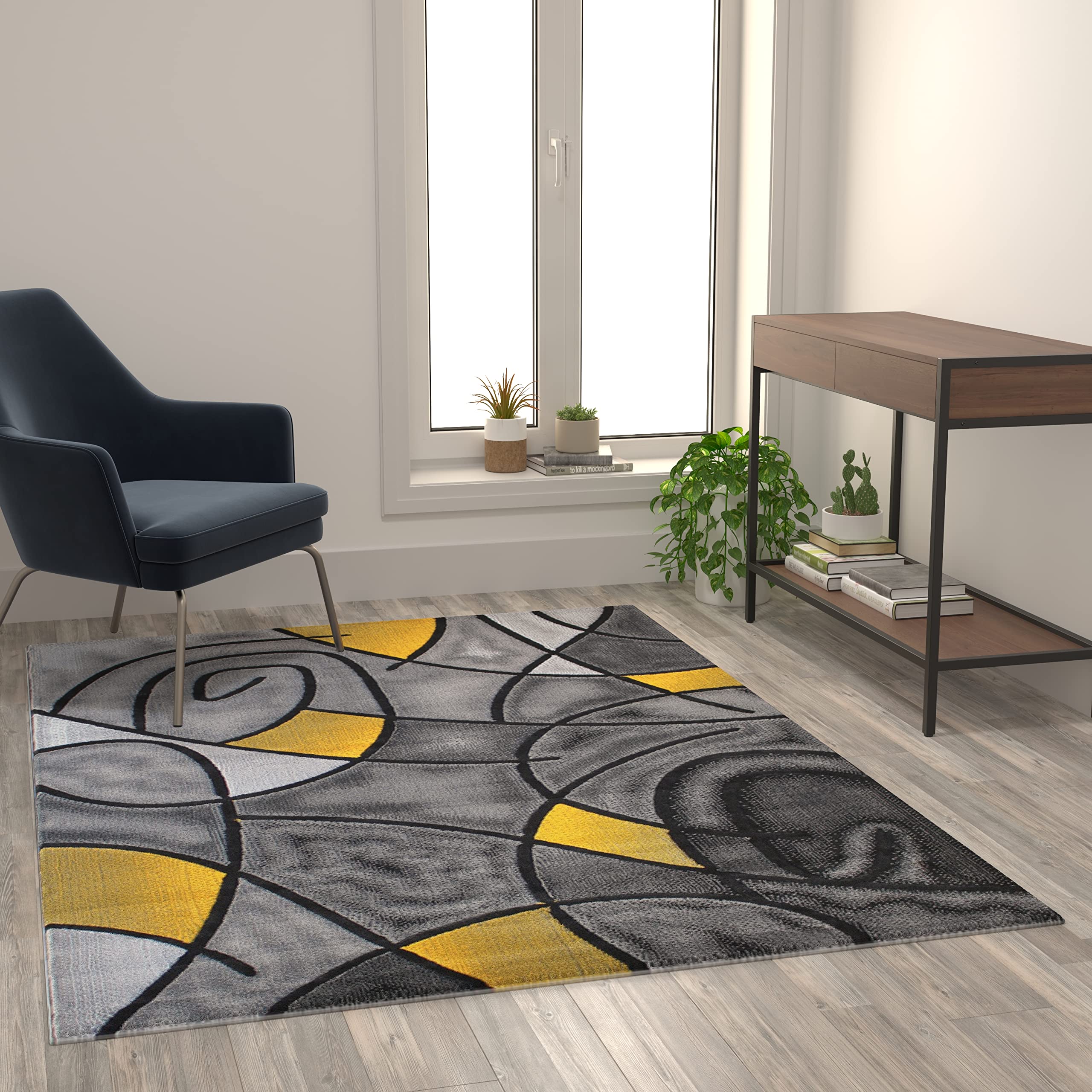 Flash Furniture Jubilee Collection Abstract Area Rug - Colorfast Yellow Olefin Rug - 5' X 7' Area Rug - Jute Backing - Living Room, Bedroom, & Family Room