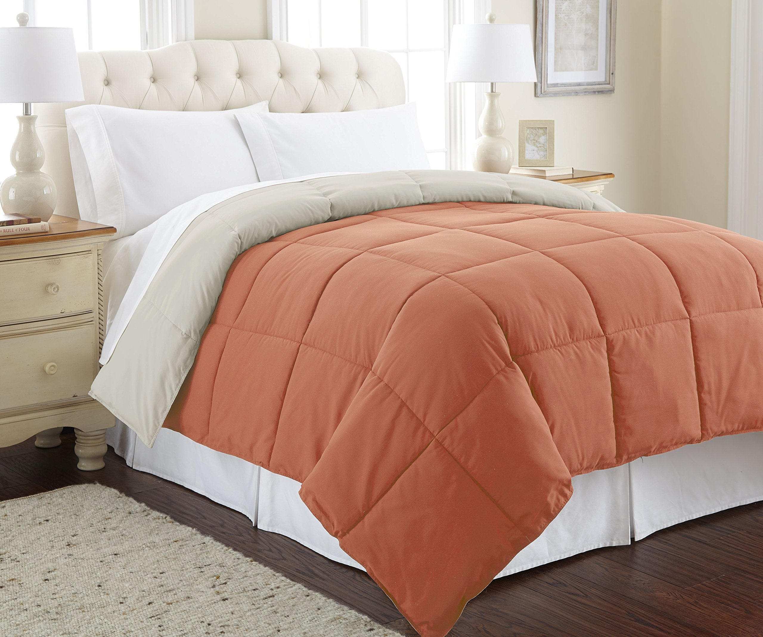 Modern Threads Down Alternative Microfiber Quilted Reversible Comforter & Duvet Insert - Soft, Comfortable Alternative To Goose Down - Bedding For All Seasons Orange Rust/Oatmeal King