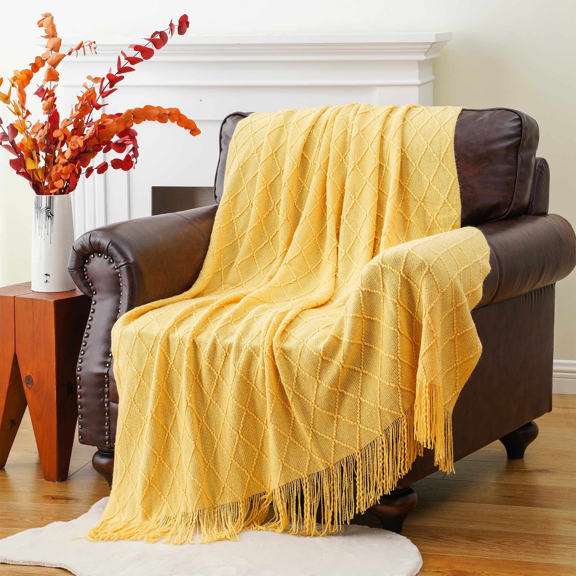 Battilo Home Mustard Throw Blanket With Fringe Geometric Bed Gold Yellow Throws Breathable Decorative Large Throw For Couch Sofa