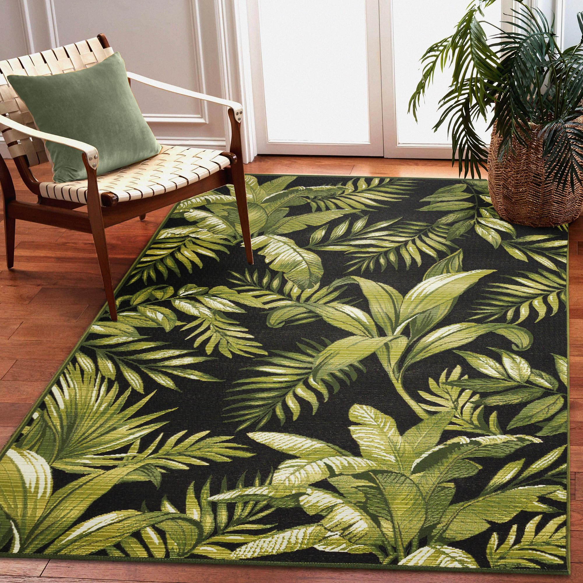 Liora Manne Marina Indoor/Outdoor Power Loomed Synthetic Blend Low Profile Area Rug - Transitional Graphic Botanical Beach Camping (Jungle Leaves Black) (3'3' X 4'11')