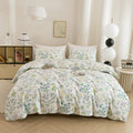ECOCOTT Floral Duvet Cover Queen Size - 100% Washed Cotton Linen Feel Bedding Set, 3pcs Soft & Breathable Green Botanical Comfor