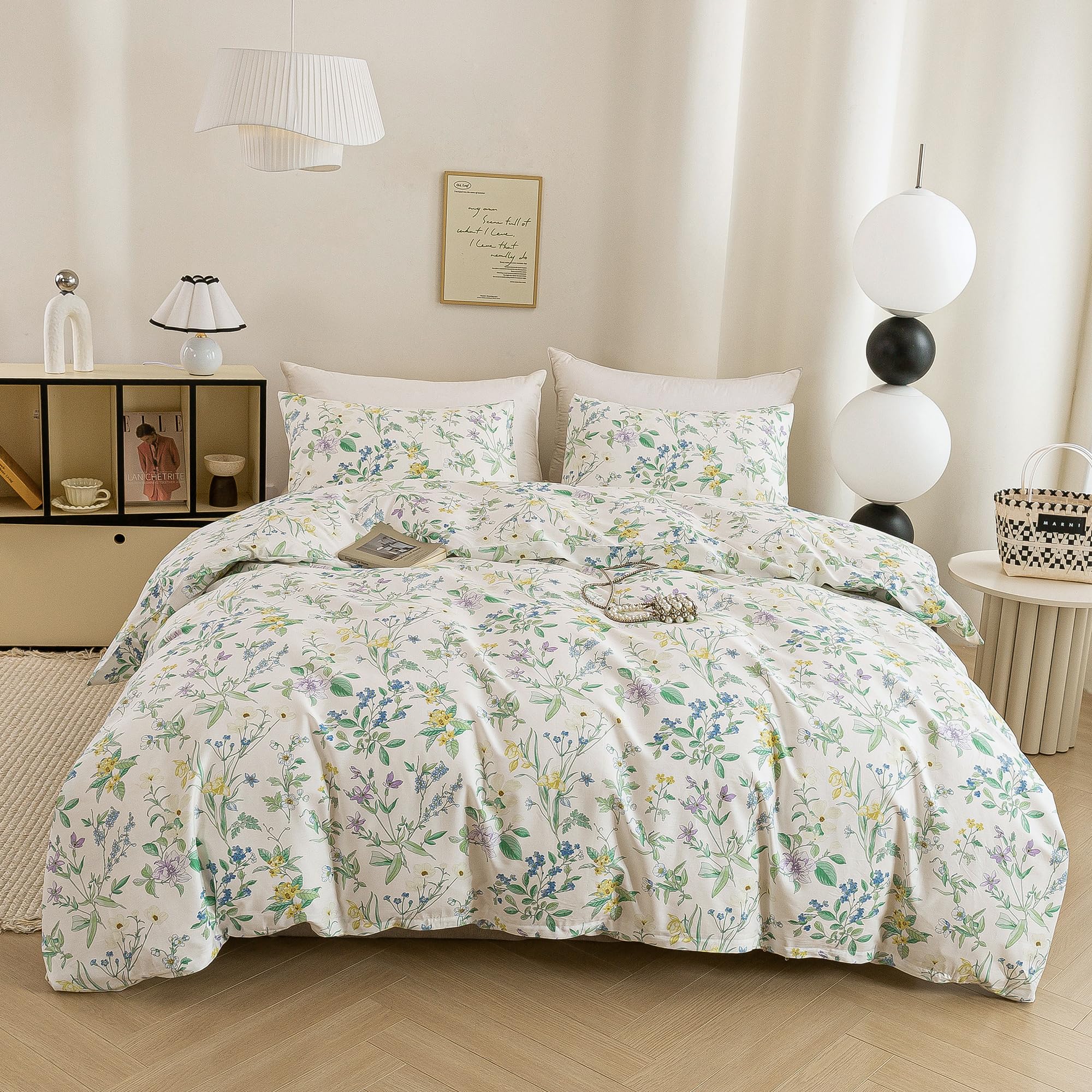 ECOCOTT Floral Duvet Cover Queen Size - 100% Washed Cotton Linen Feel Bedding Set, 3pcs Soft & Breathable Green Botanical Comfor