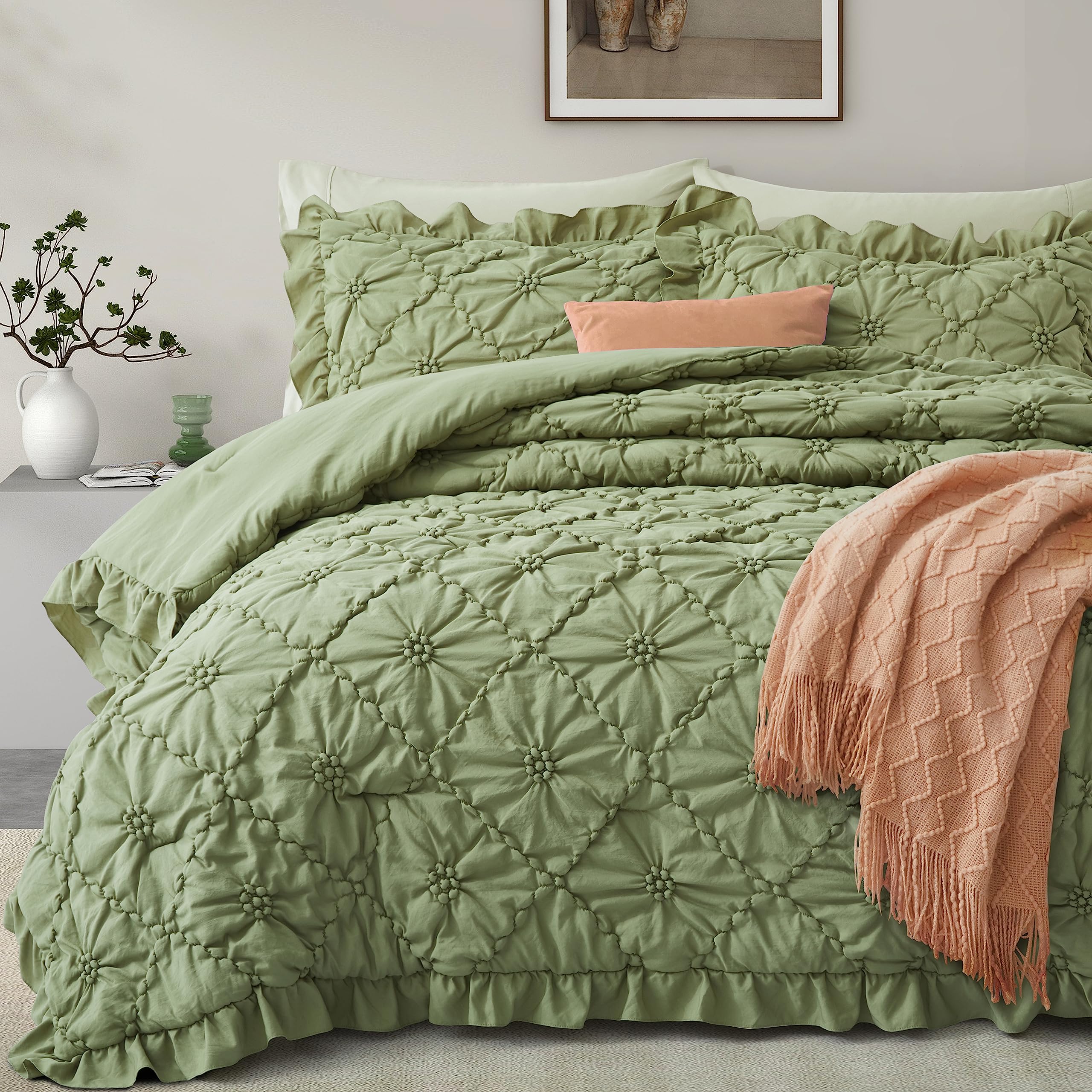 Bedazzled Queen Size Comforter Sets, Green Bedding Comforter Set, 3 Pieces Pinch Pleat Bedding Sets With Comforter And Pillowcas