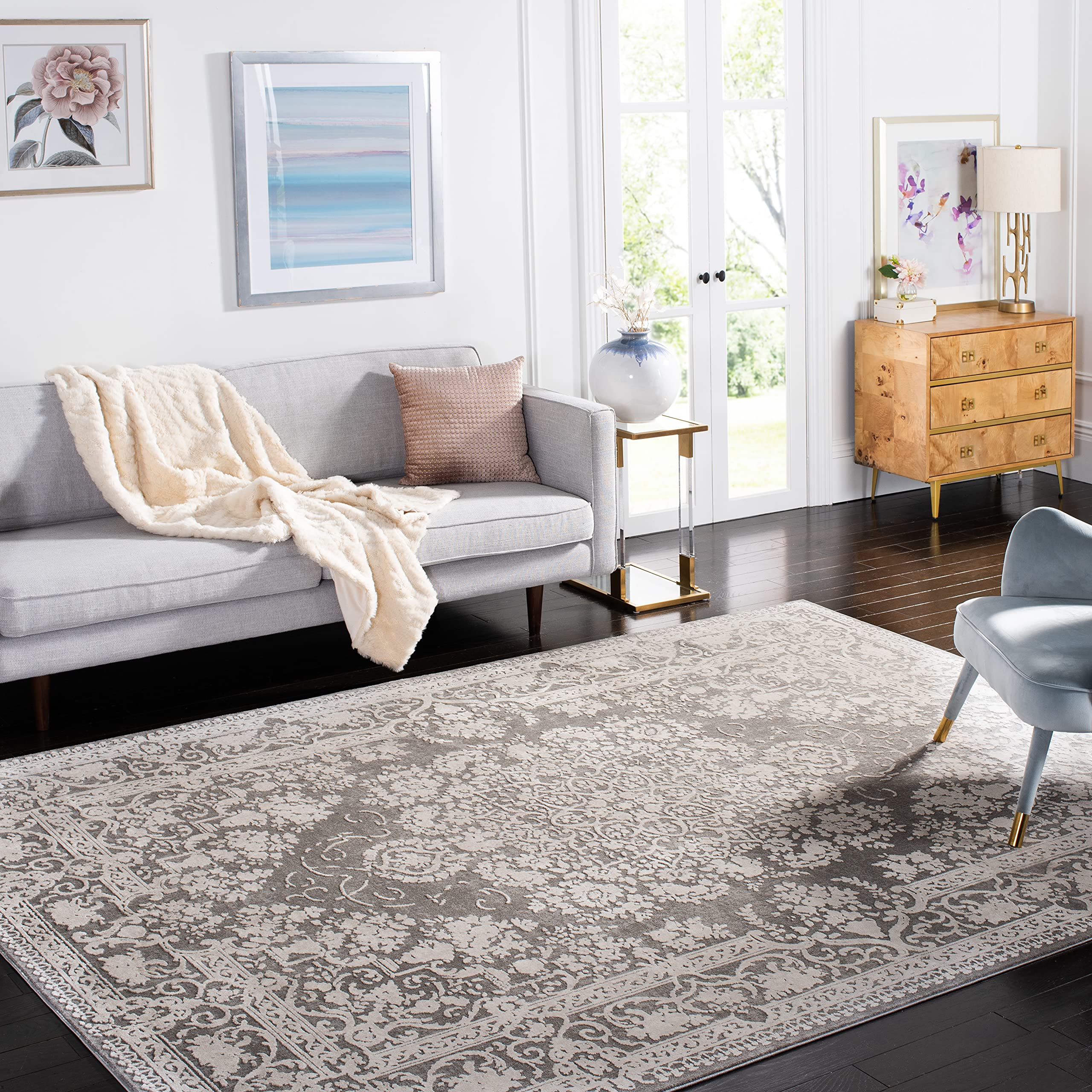 SAFAVIEH Reflection Collection X-Large Area Rug - 11' x 15', Dark Grey & Cream, Vintage Distressed Design, Non-Shedding & Easy C