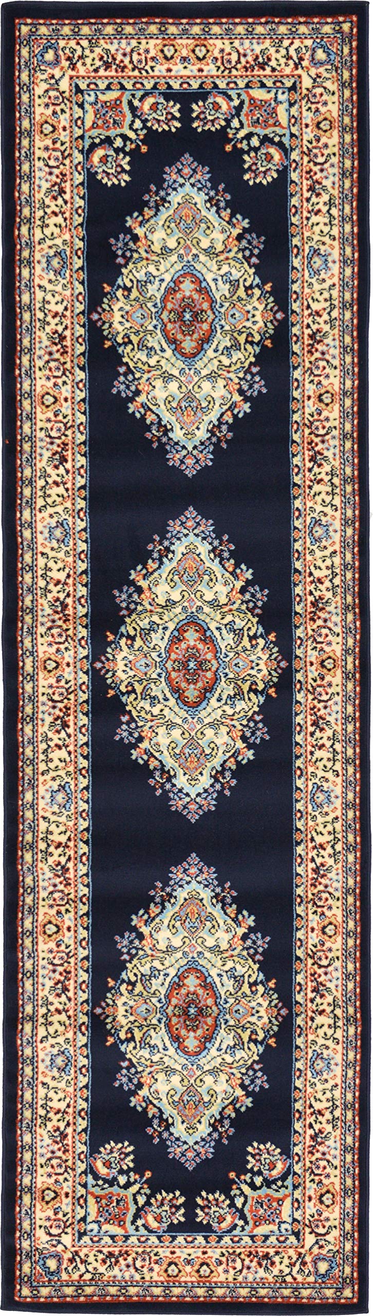 Unique Loom Reza Collection Traditional Persian Style Area Rug, 2 ft 7 in x 10 ft, Navy Blue/Ivory