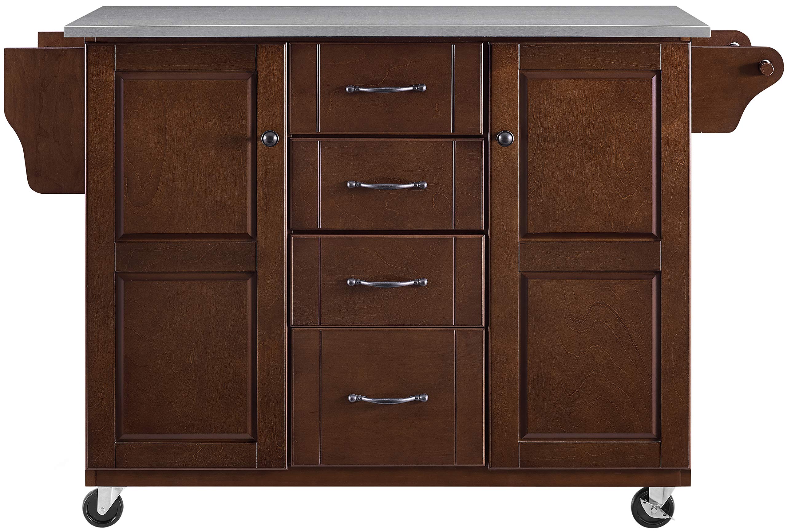Crosley Furniture Eleanor Stainless Steel Top Rolling Cart Kitchen Island, Spice Rack, Drawers and Shelves, Mahogany