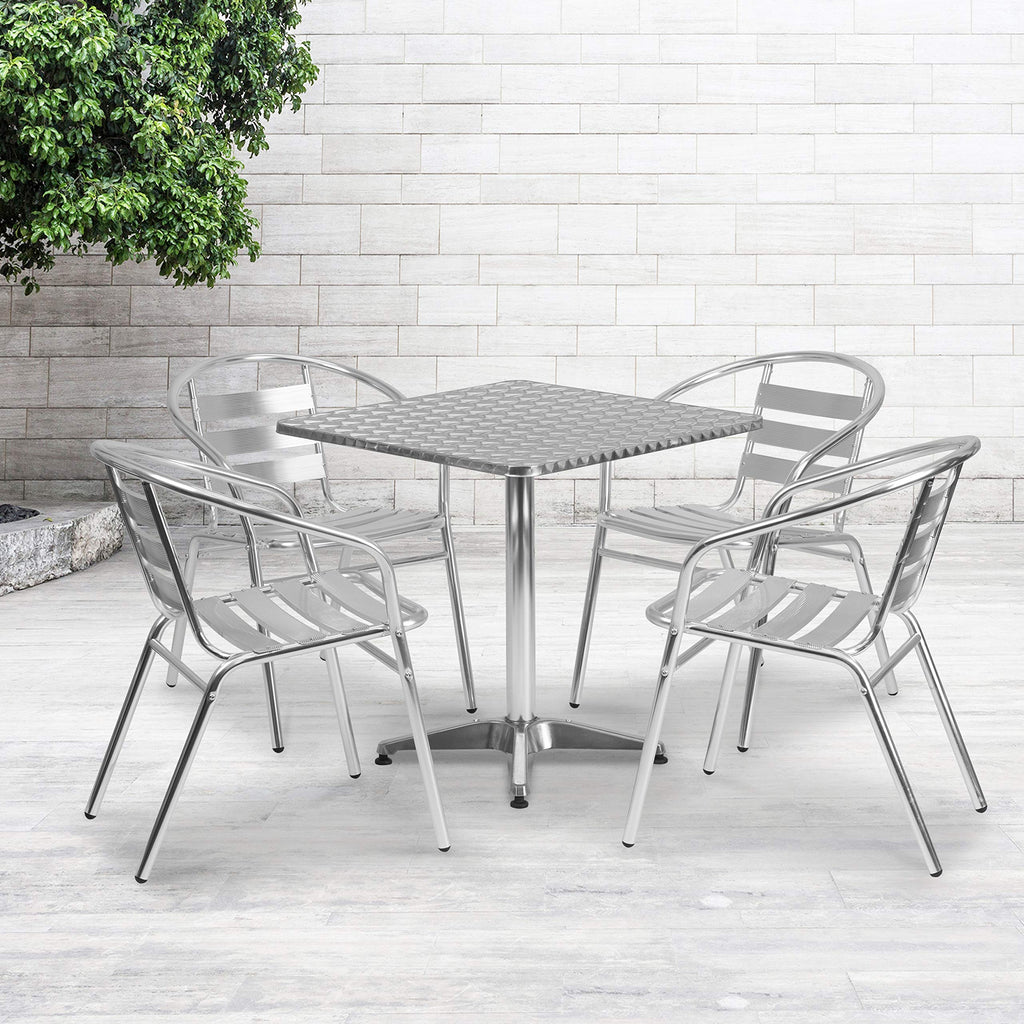 Flash Furniture Aluminum 5-Piece Patio Dining Set with Square Table and 4 Slat Back Chairs, Indoor/Outdoor Bistro Table and Chairs Set, Silver