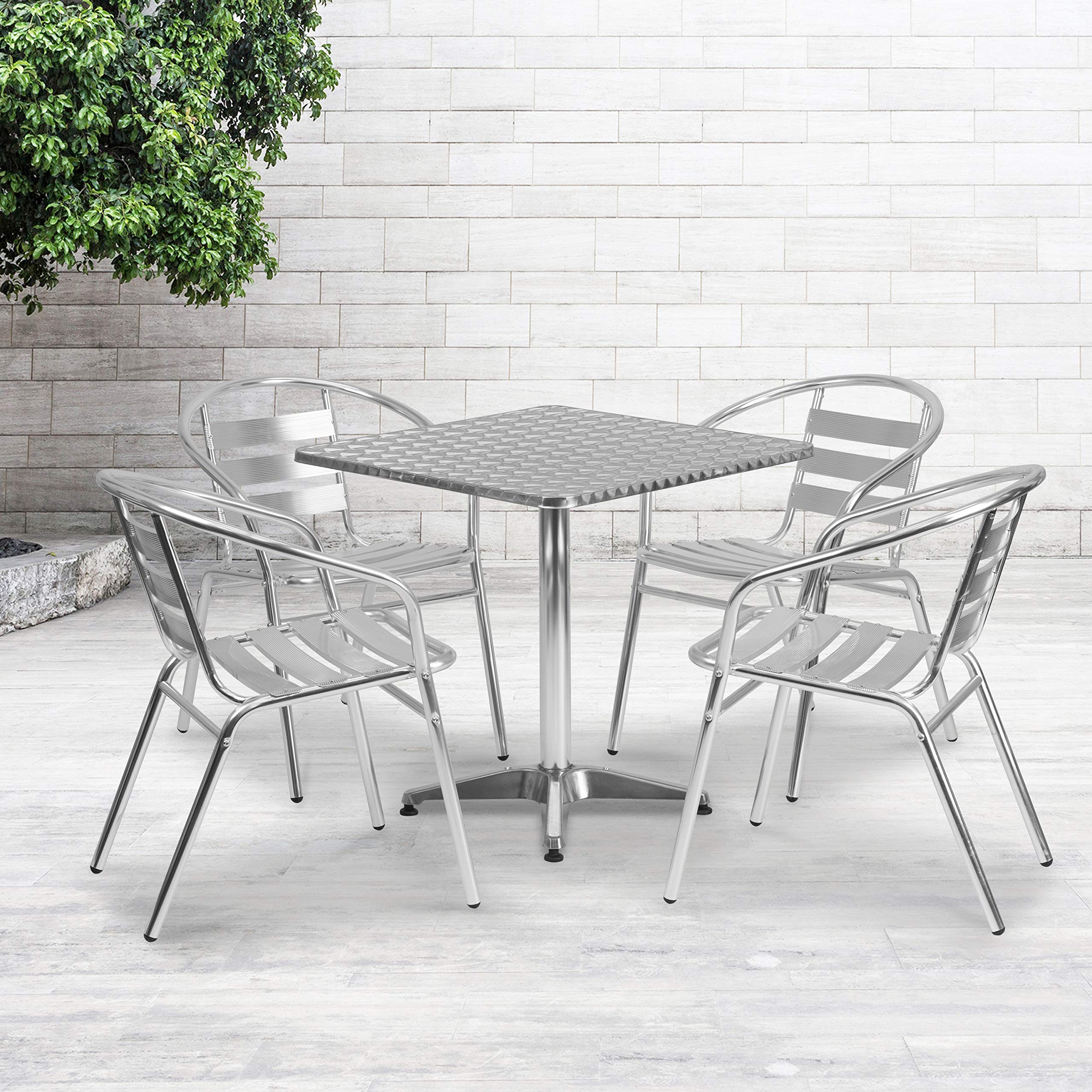 Flash Furniture Aluminum 5-Piece Patio Dining Set with Square Table and 4 Slat Back Chairs, Indoor/Outdoor Bistro Table and Chairs Set, Silver
