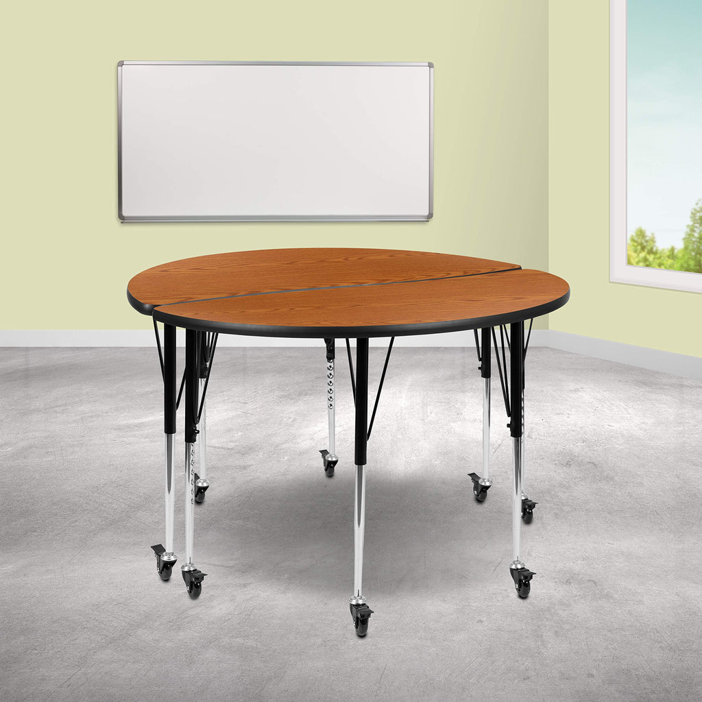 Flash Furniture 2 Piece Mobile 47.5" Circle Wave Collaborative Oak Thermal Laminate Adjustable Activity Table Set