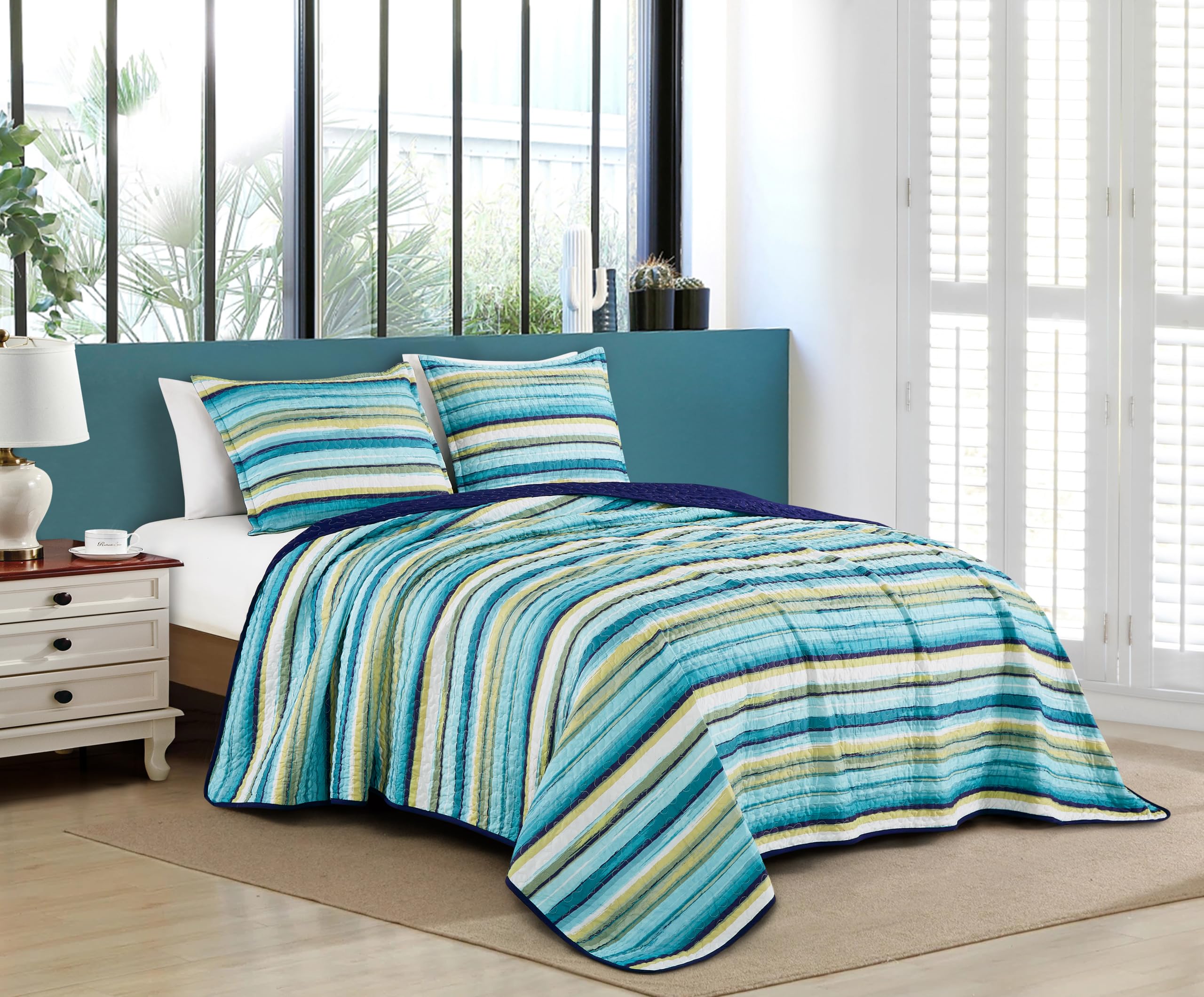 Chezmoi Collection Morgan 3-Piece Striped Quilt Set - Green Blue White Striped Printed Microfiber Lightweight Quilted Bedspread